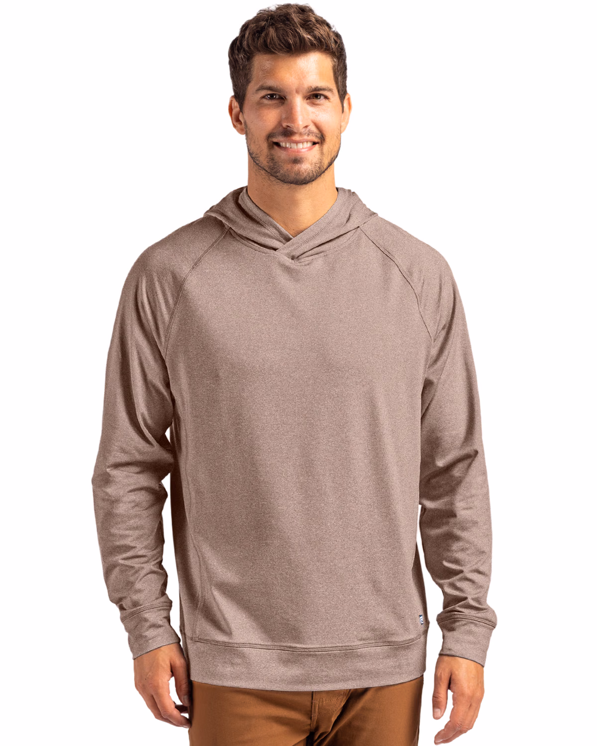 Custom Cutter & Buck Adapt Recycled Soft Knit Stretch Mens Heathered Hooded Pullover — Mushroom Heather front