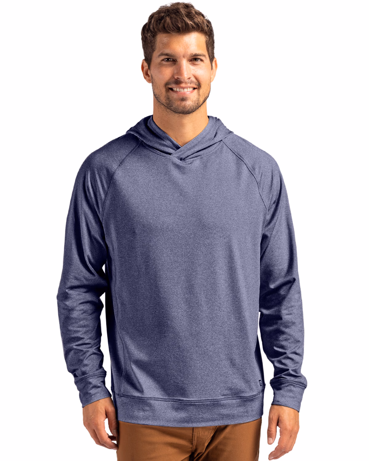 Custom Cutter & Buck Adapt Recycled Soft Knit Stretch Mens Heathered Hooded Pullover — Navy Blue Heather front