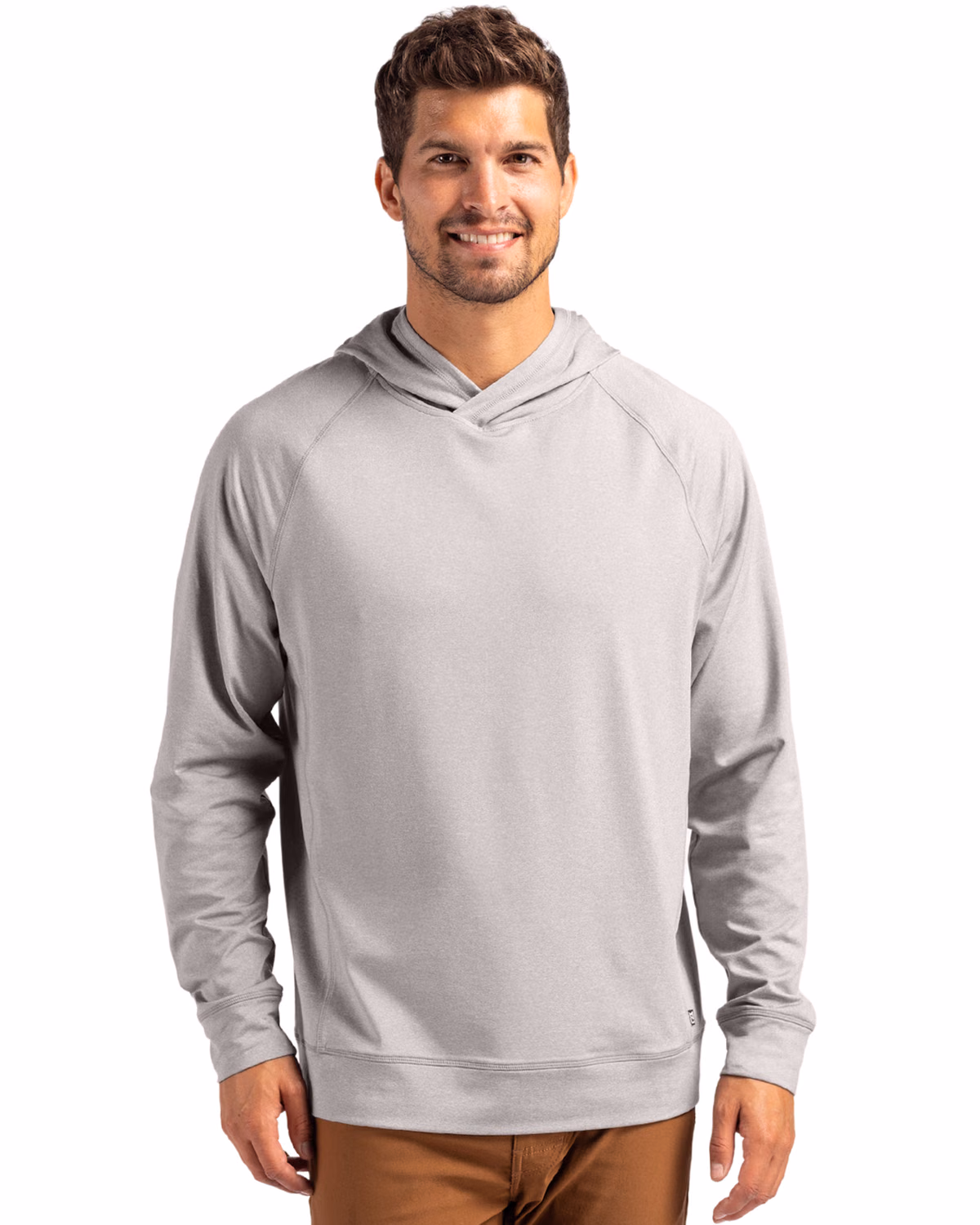 Custom Cutter & Buck Adapt Recycled Soft Knit Stretch Mens Heathered Hooded Pullover — Polished Heather front