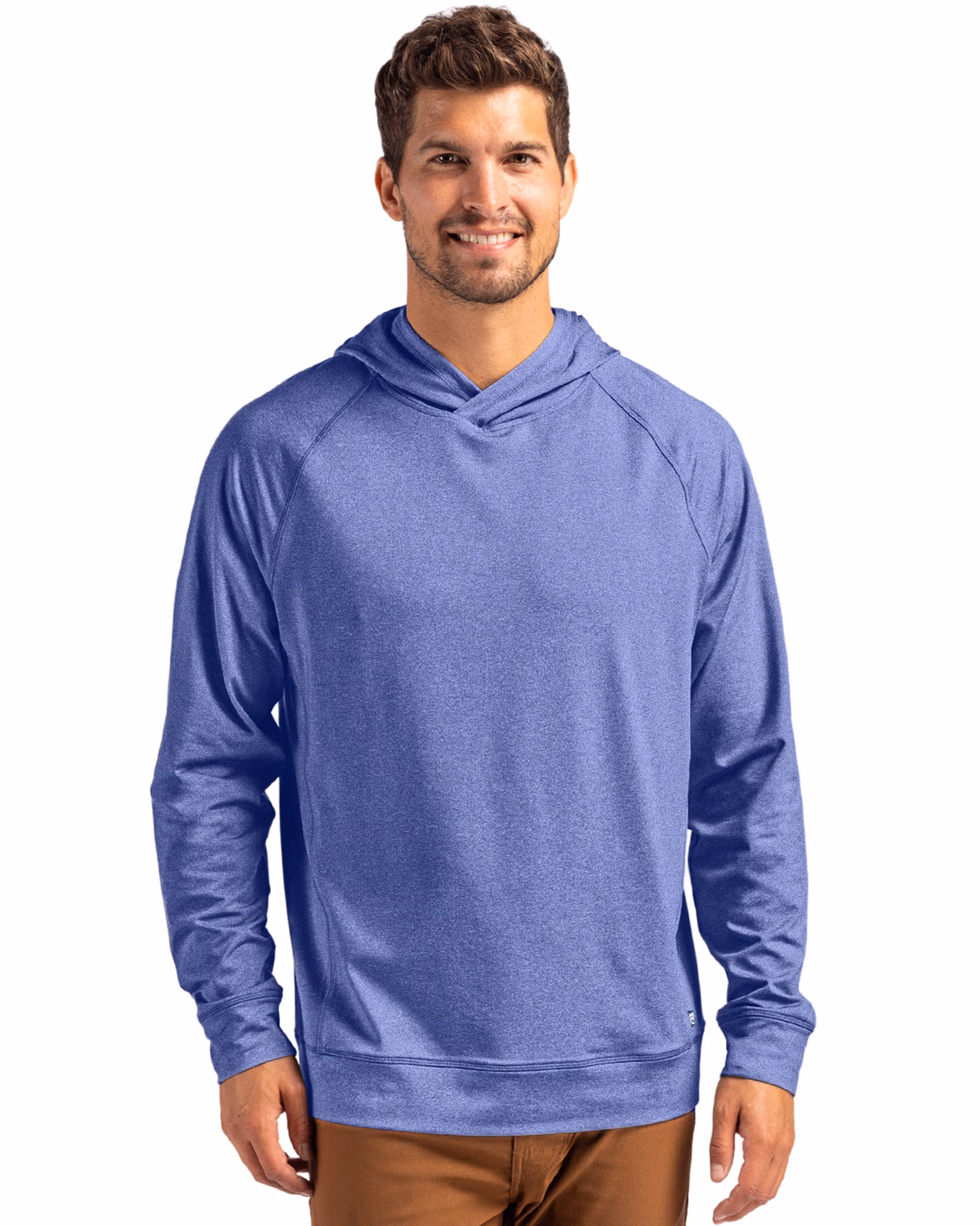 Custom Cutter & Buck Adapt Recycled Soft Knit Stretch Mens Heathered Hooded Pullover — Tour Blue Heather front