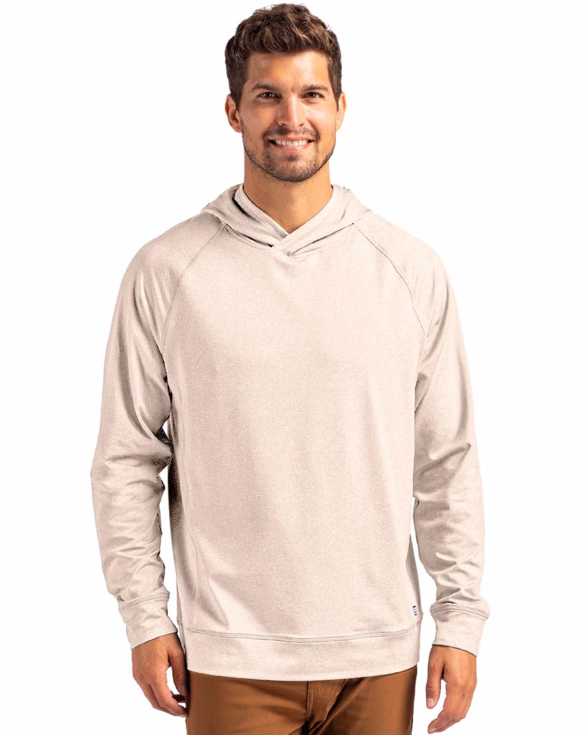 Custom Cutter & Buck Adapt Recycled Soft Knit Stretch Mens Heathered Hooded Pullover — Wheat Heather front