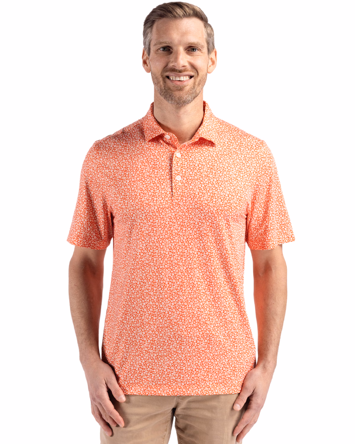 Custom Cutter & Buck Pike Recycled Flora Print Mens Polo — College Orange front