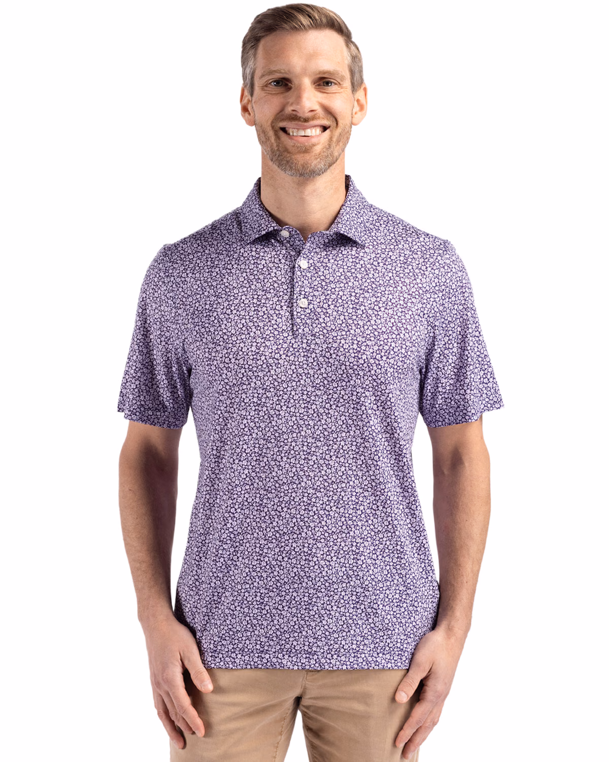 Custom Cutter & Buck Pike Recycled Flora Print Mens Polo — College Purple front