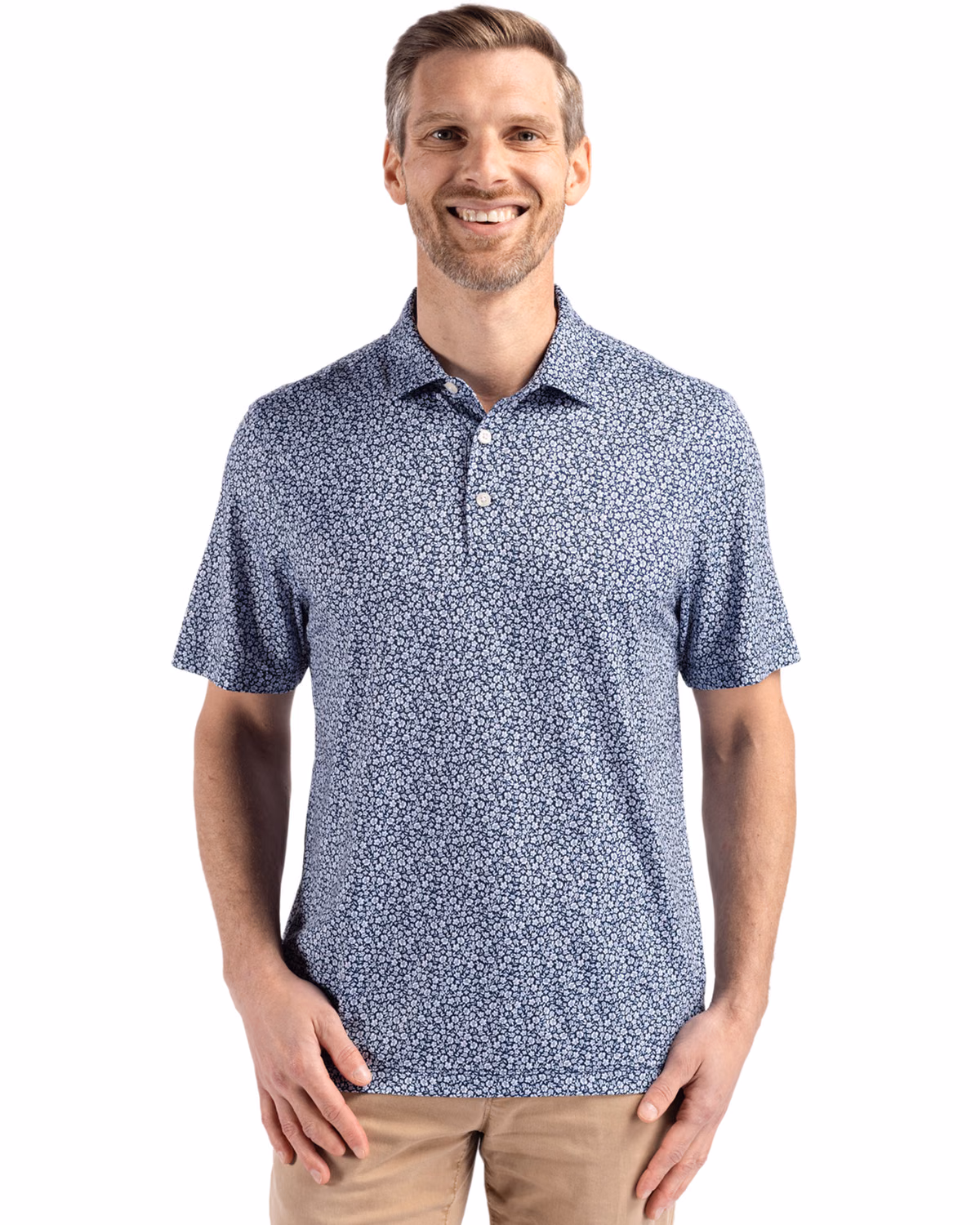 Custom Cutter & Buck Pike Recycled Flora Print Mens Polo — Navy Blue front