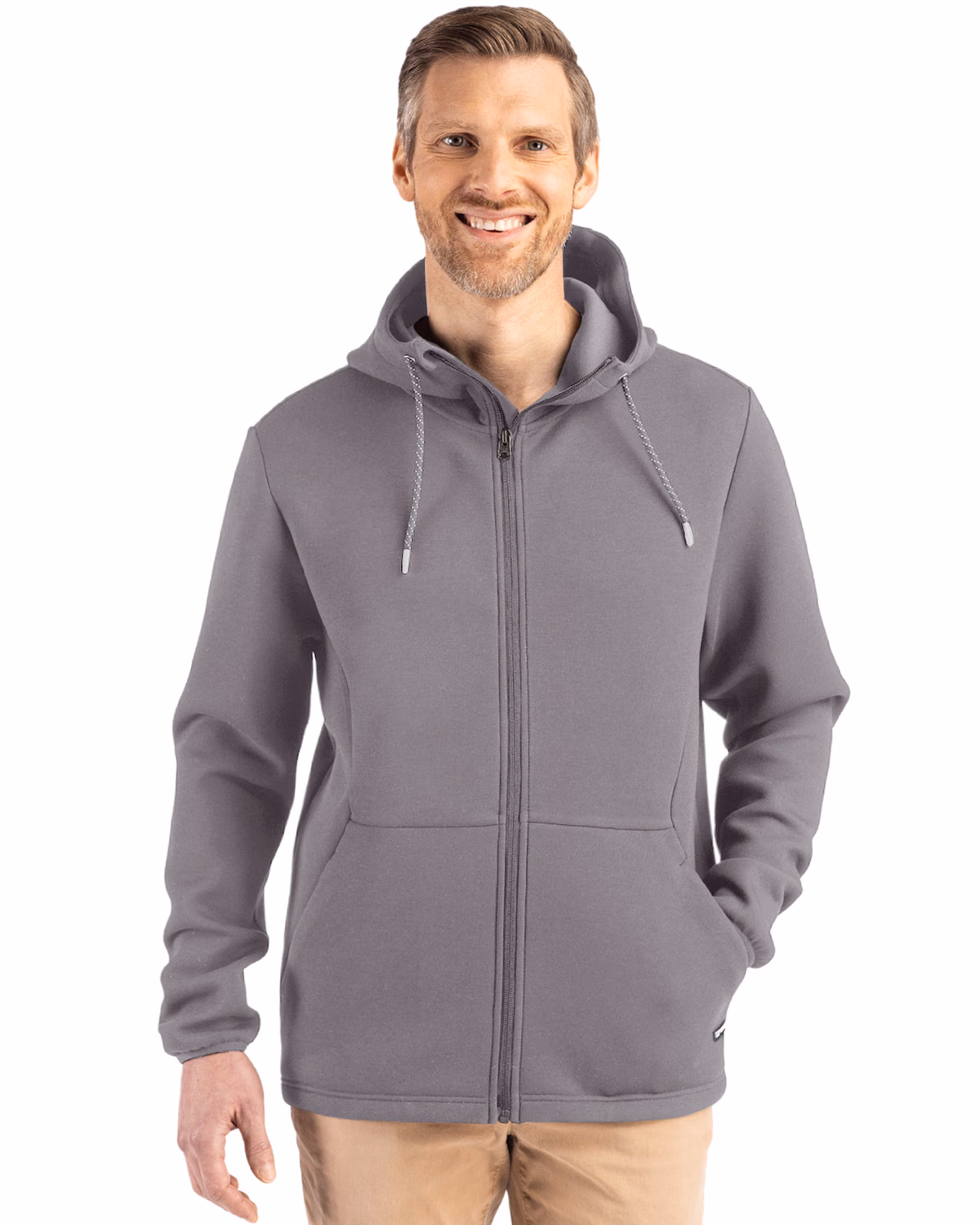 Custom Cutter & Buck Roam Recycled Buttery-Soft Knit Mens Full Zip Hooded Jacket — Elemental Grey front