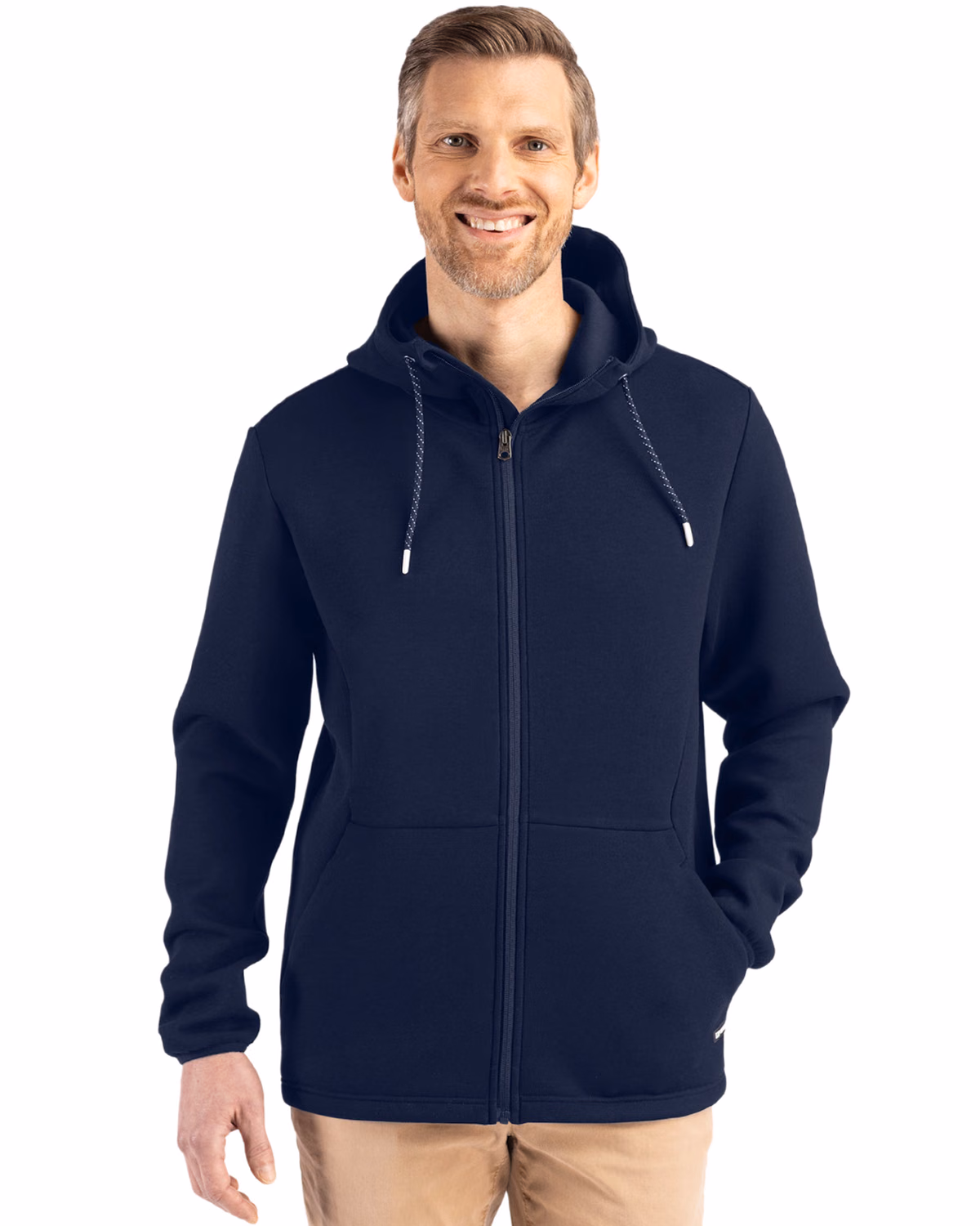 Custom Cutter & Buck Roam Recycled Buttery-Soft Knit Mens Full Zip Hooded Jacket — Navy Blue front