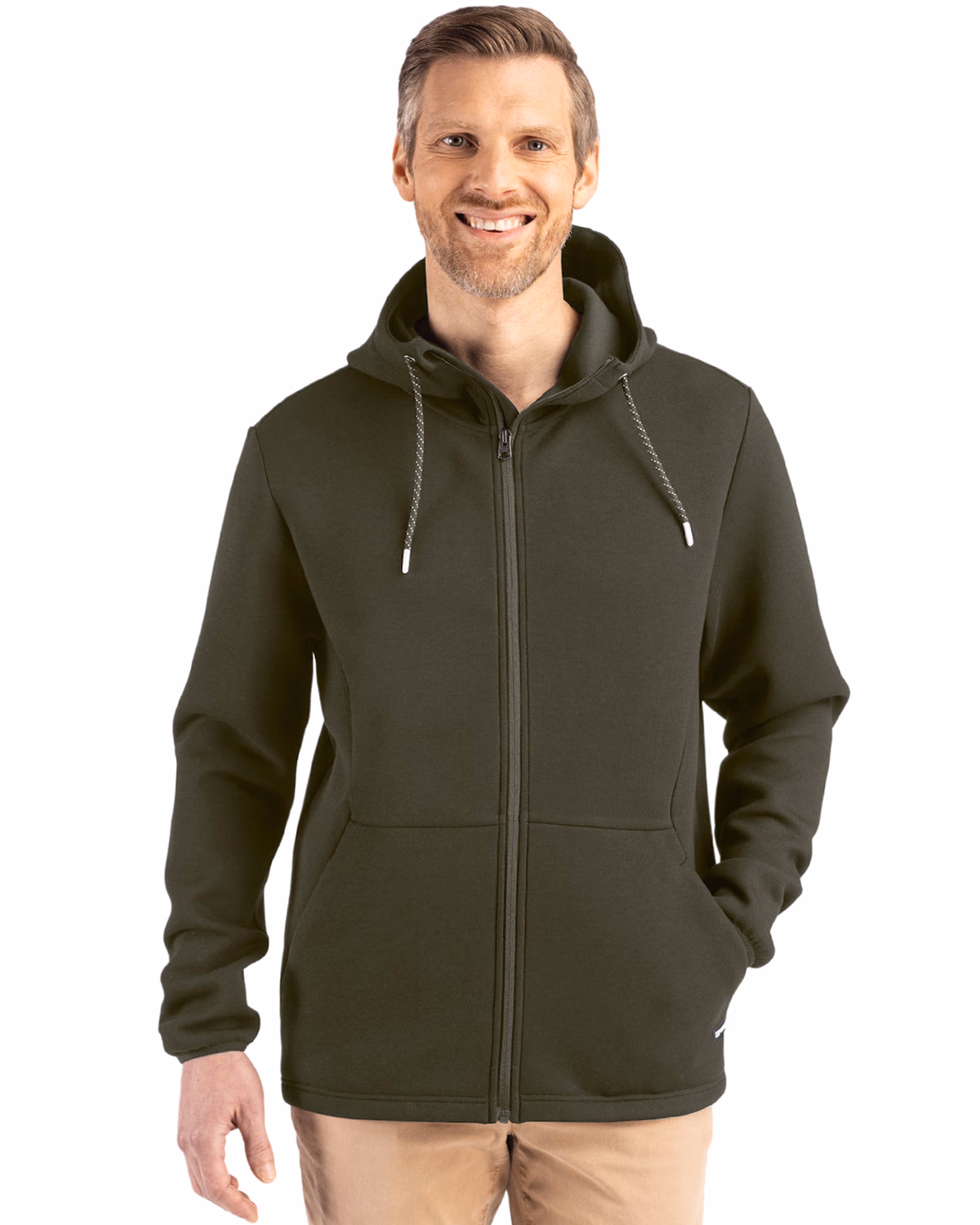Custom Cutter & Buck Roam Recycled Buttery-Soft Knit Mens Full Zip Hooded Jacket — Poplar front