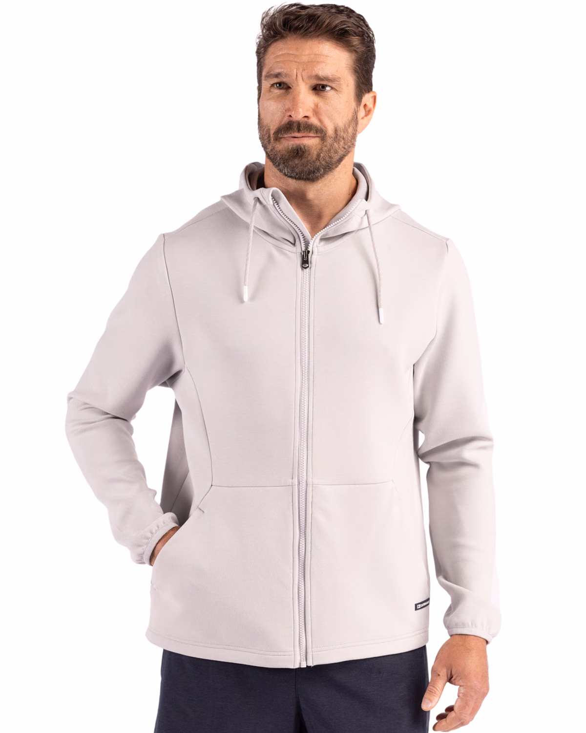 Custom Cutter & Buck Roam Recycled Buttery-Soft Knit Mens Full Zip Hooded Jacket — Solitaire front