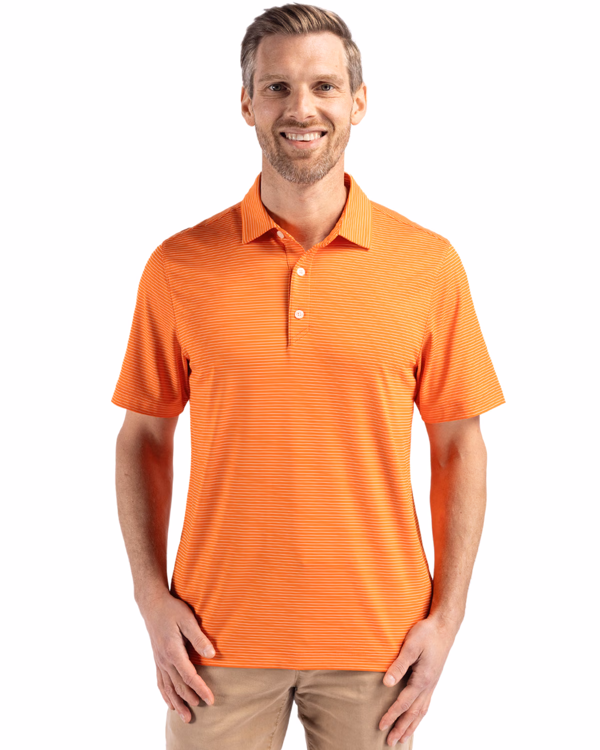 Custom Cutter & Buck Forge Recycled Fine Line Stripe Four-Way Stretch Mens Polo — College Orange/White front