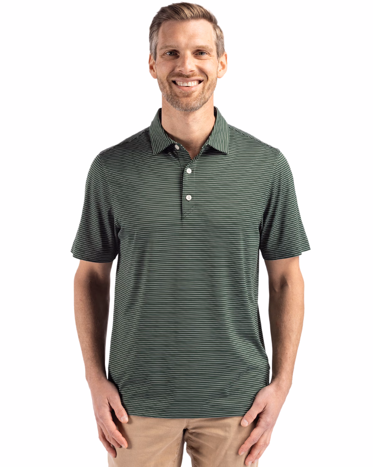 Custom Cutter & Buck Forge Recycled Fine Line Stripe Four-Way Stretch Mens Polo — Hunter/White front