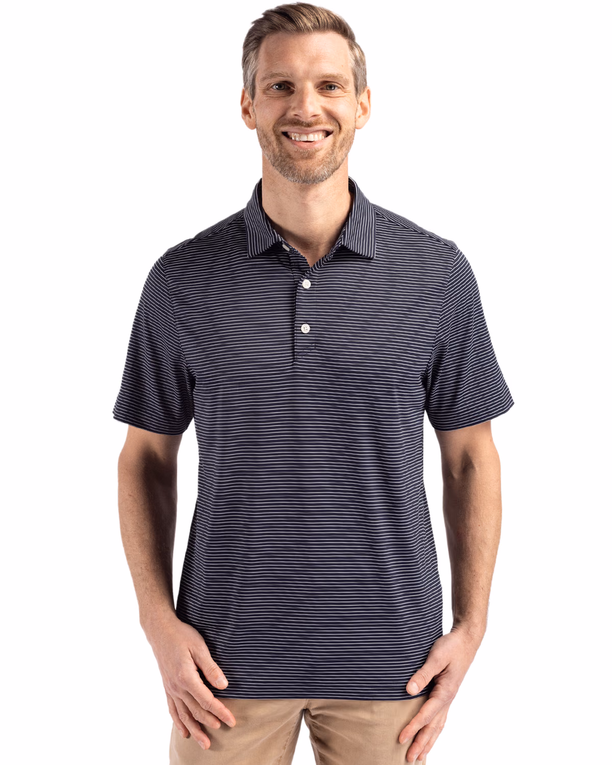 Custom Cutter & Buck Forge Recycled Fine Line Stripe Four-Way Stretch Mens Polo — Navy Blue/White front