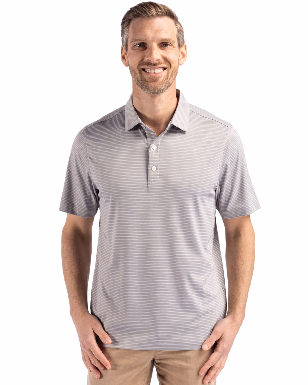 Custom Cutter & Buck Forge Recycled Fine Line Stripe Four-Way Stretch Mens Polo — Polished/White front
