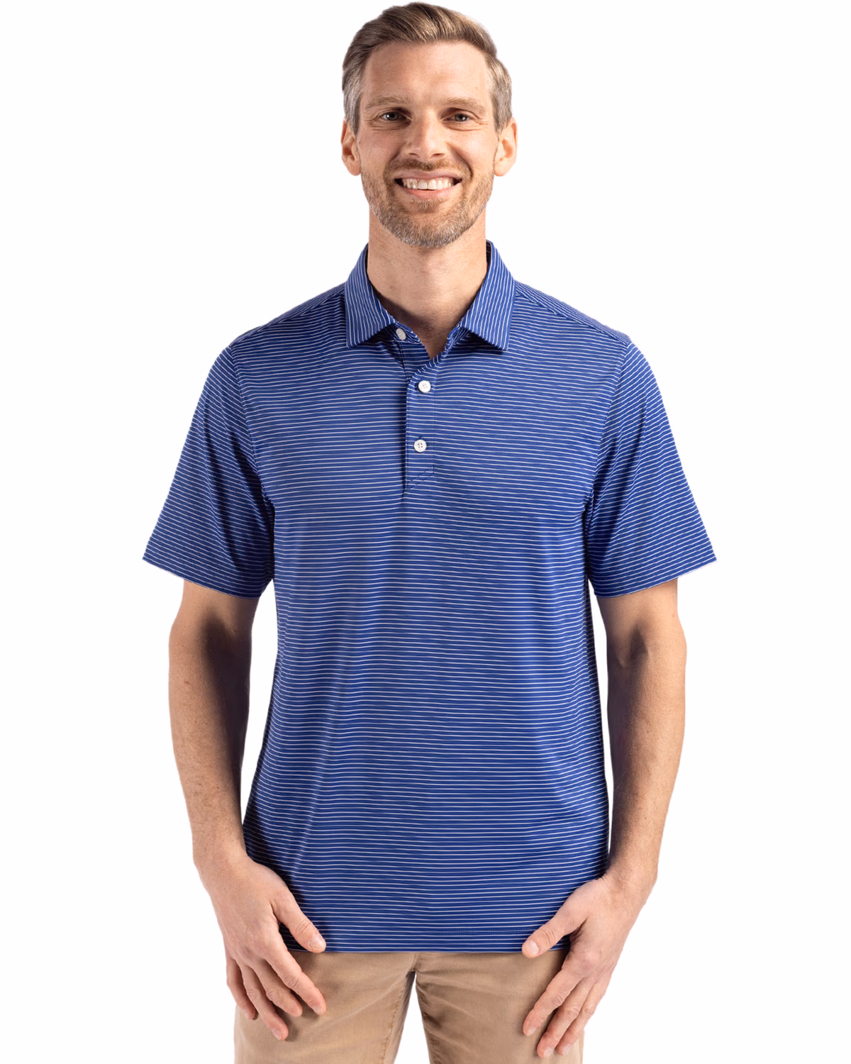 Custom Cutter & Buck Forge Recycled Fine Line Stripe Four-Way Stretch Mens Polo — Tour Blue/White front