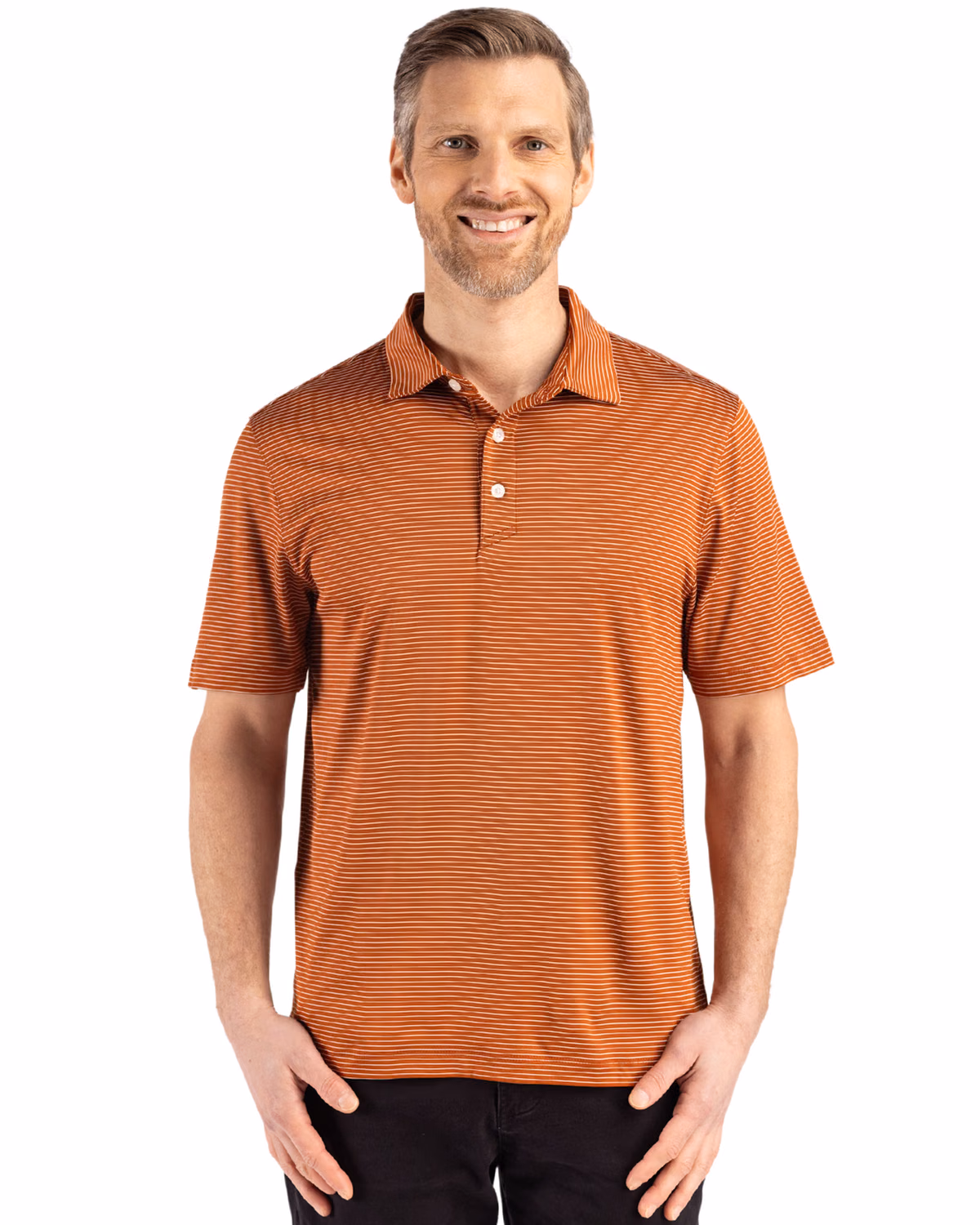 Custom Cutter & Buck Forge Recycled Fine Line Stripe Four-Way Stretch Mens Polo — Texas Orange/White front