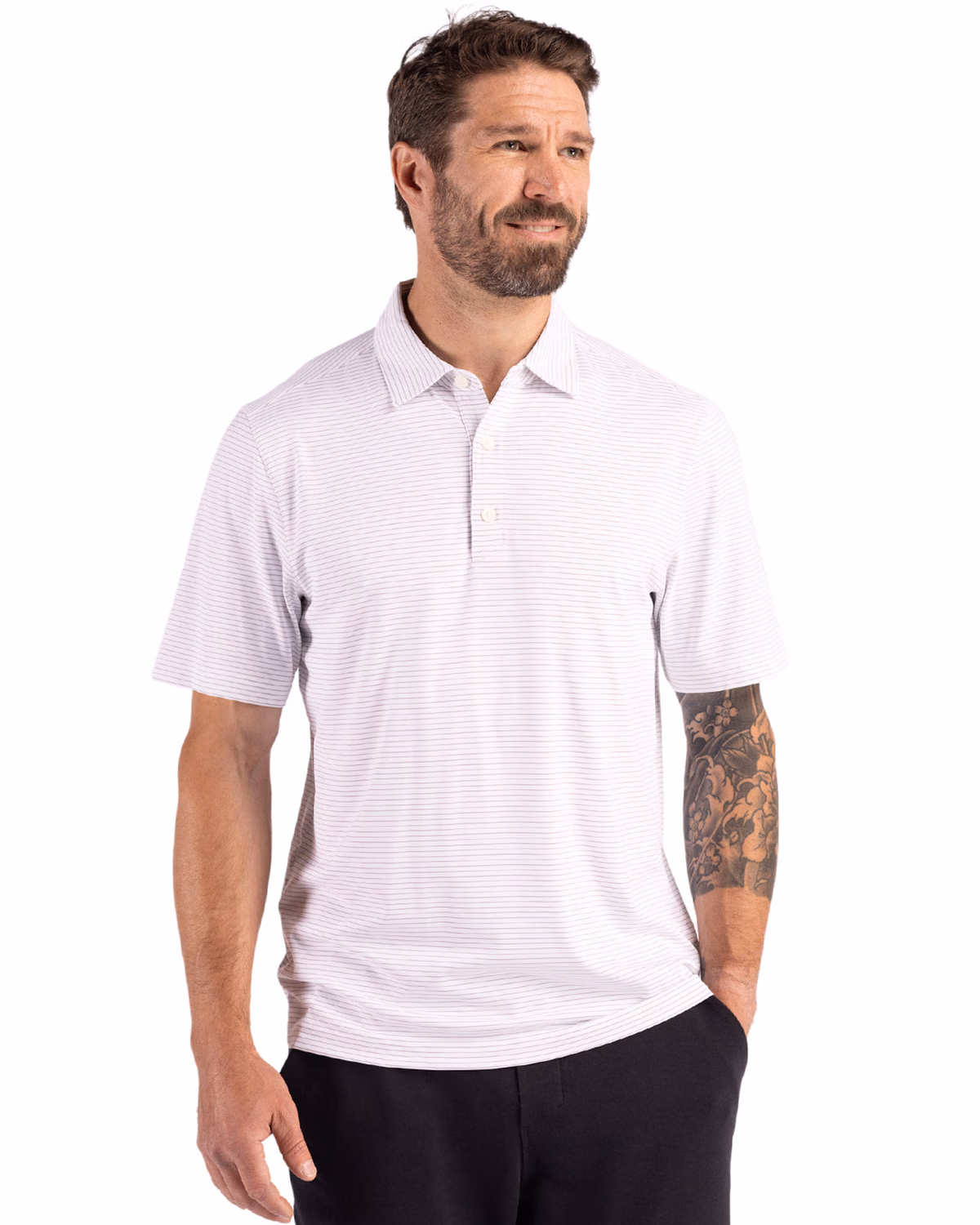 Custom Cutter & Buck Forge Recycled Fine Line Stripe Four-Way Stretch Mens Polo — White/Polished front