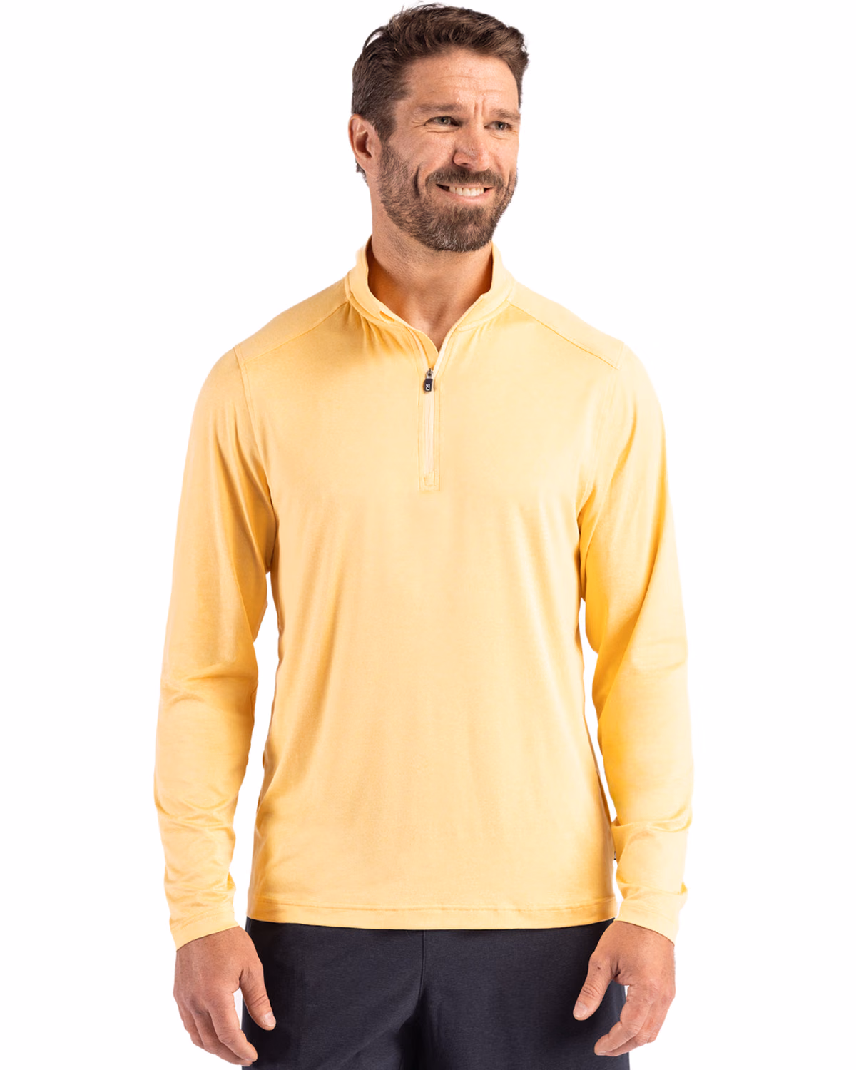 Custom Cutter & Buck Coastline Recycled Double Peached Mens Quarter Zip Pullover — Desert front