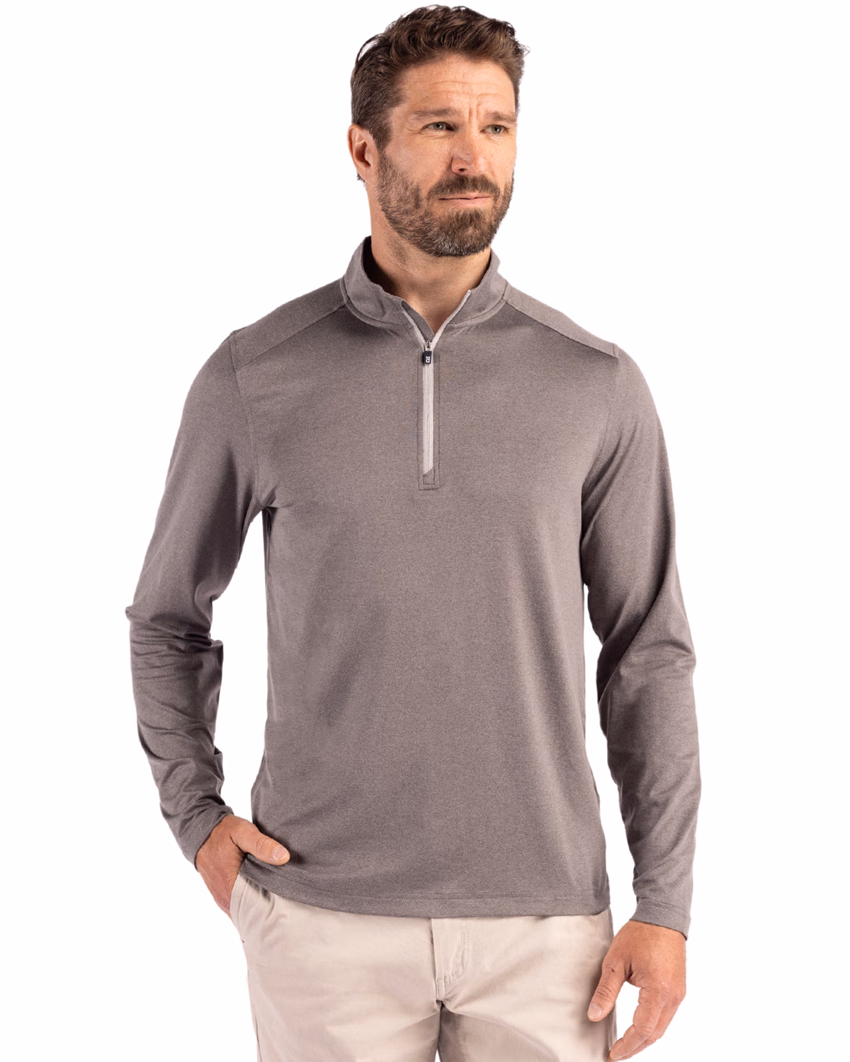 Custom Cutter & Buck Coastline Recycled Double Peached Mens Quarter Zip Pullover — Elemental Grey front