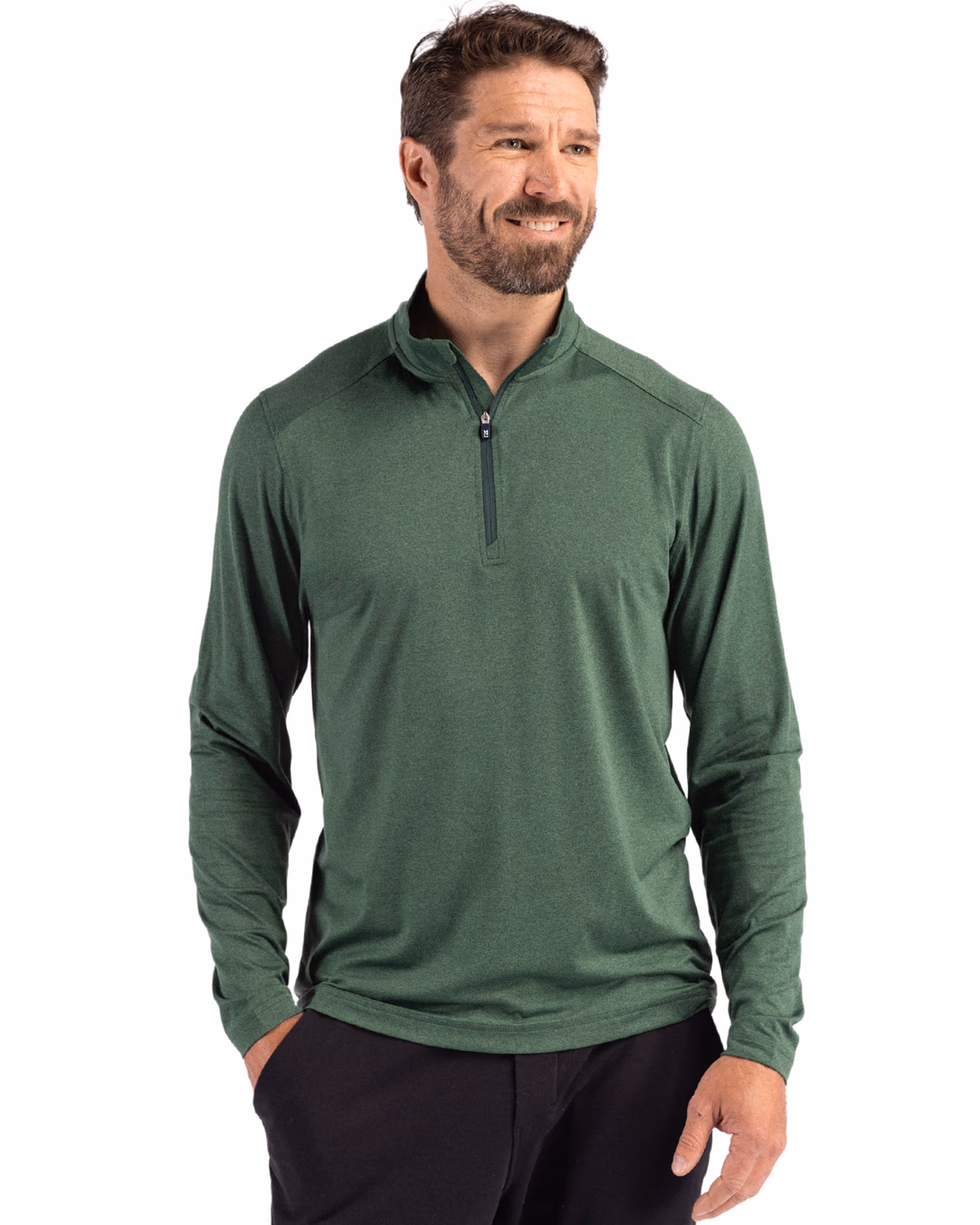 Custom Cutter & Buck Coastline Recycled Double Peached Mens Quarter Zip Pullover — Hunter front
