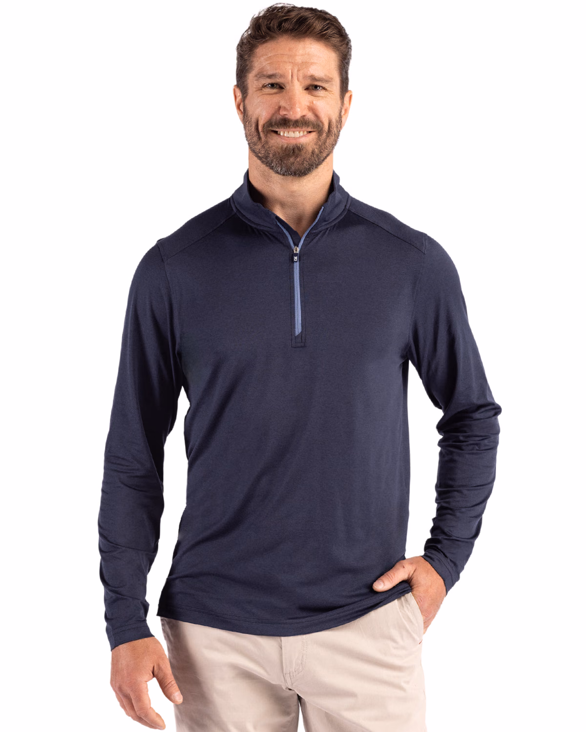 Custom Cutter & Buck Coastline Recycled Double Peached Mens Quarter Zip Pullover — Navy Blue front