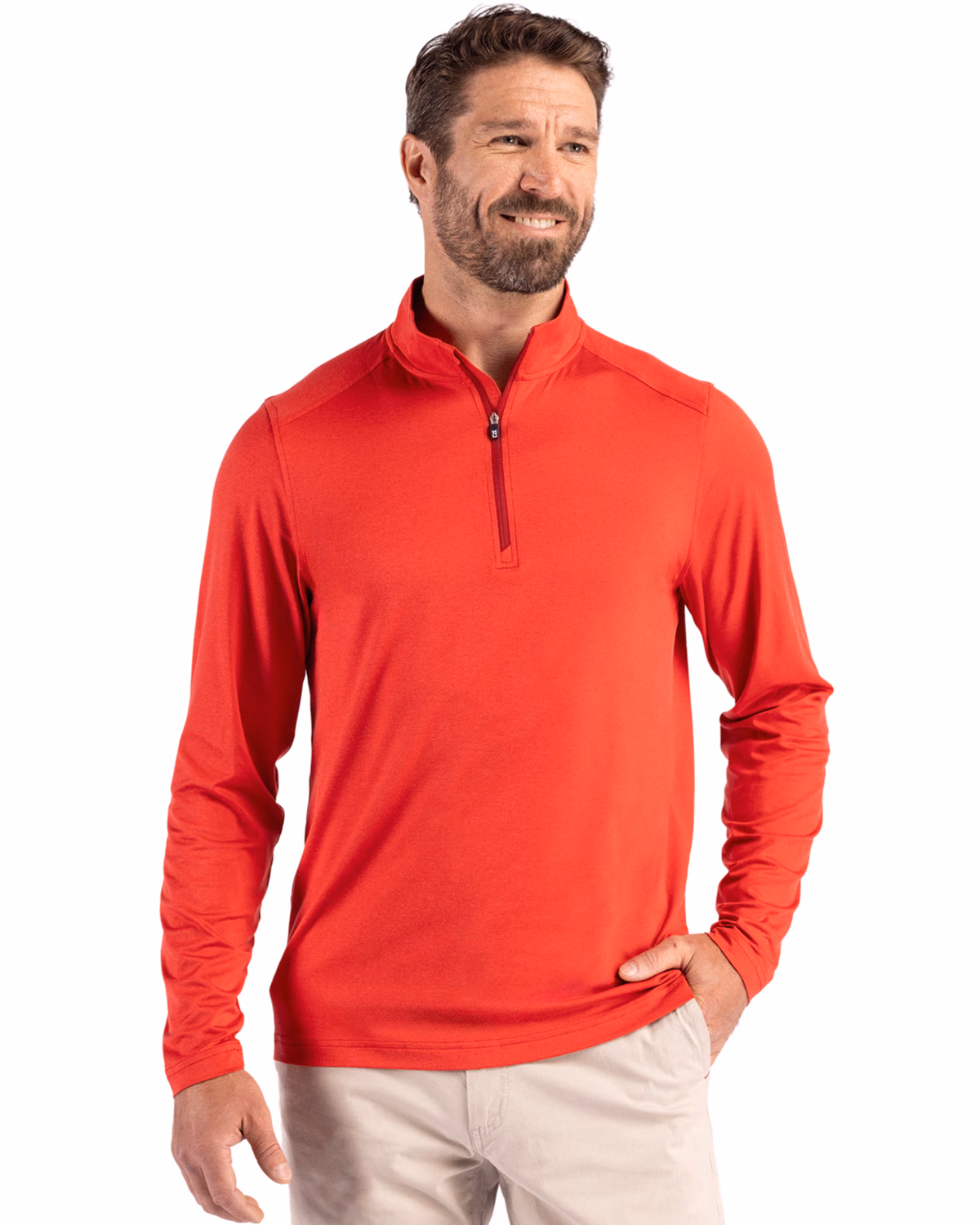 Custom Cutter & Buck Coastline Recycled Double Peached Mens Quarter Zip Pullover — Red front