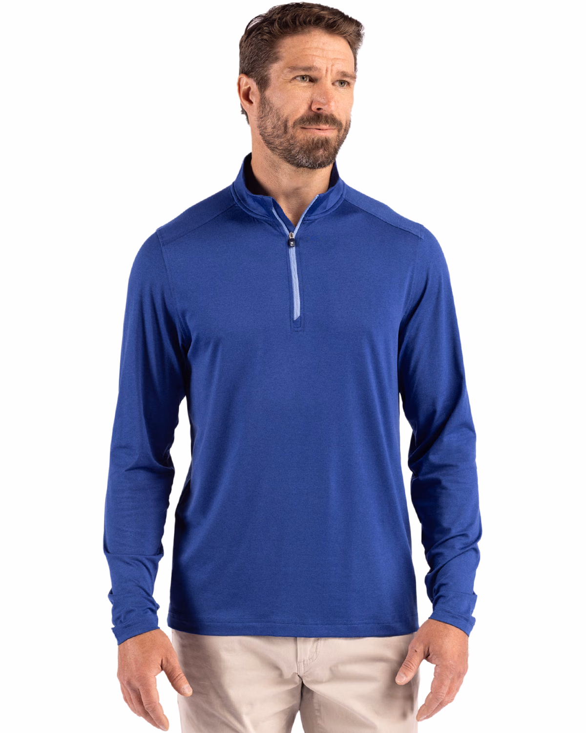 Custom Cutter & Buck Coastline Recycled Double Peached Mens Quarter Zip Pullover — Tour Blue front