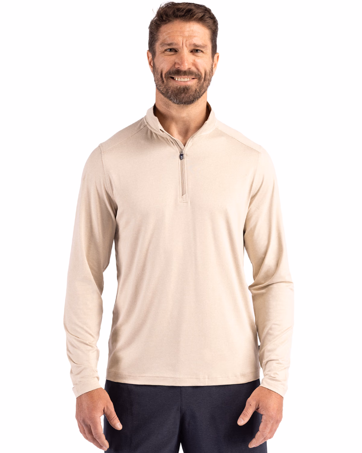 Custom Cutter & Buck Coastline Recycled Double Peached Mens Quarter Zip Pullover — Wheat front