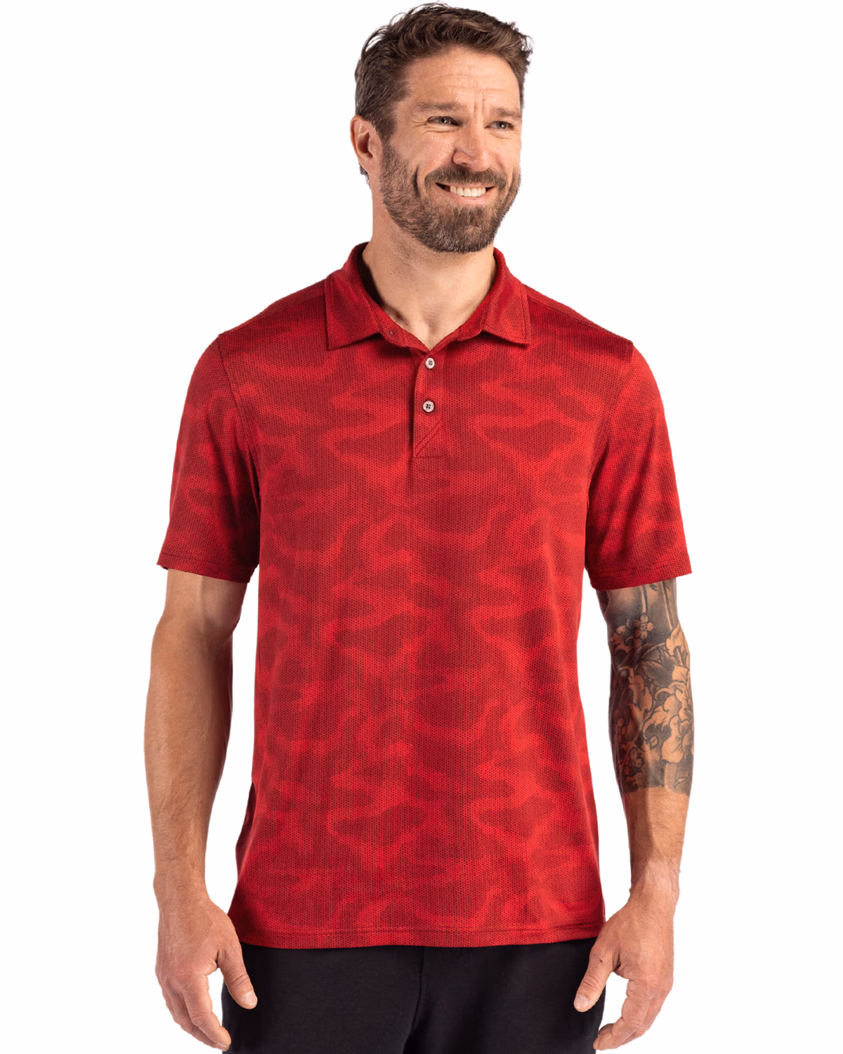 Custom Cutter & Buck Coastline Recycled Double Peached Camo Print Mens Polo — Cardinal Red front