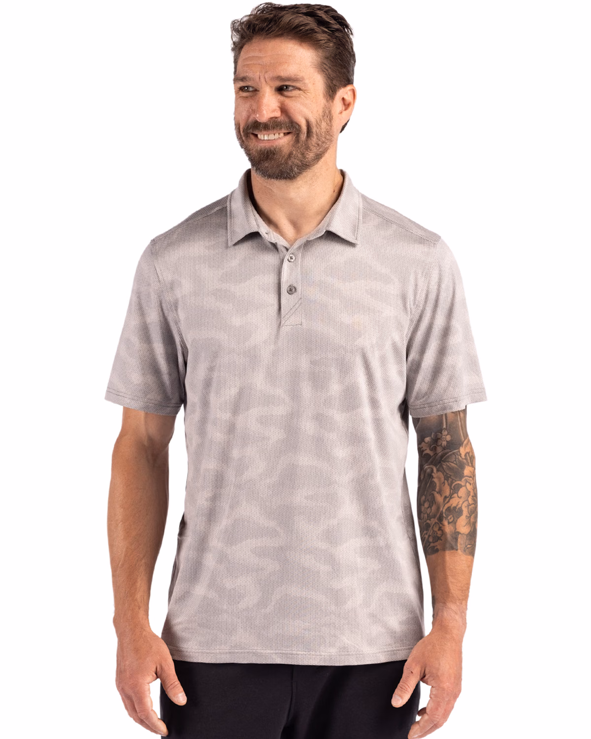 Custom Cutter & Buck Coastline Recycled Double Peached Camo Print Mens Polo — CONCRETE front