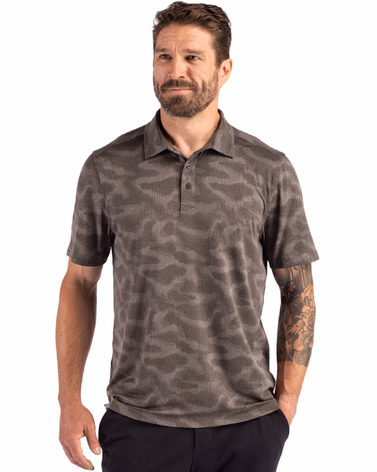 Custom Cutter & Buck Coastline Recycled Double Peached Camo Print Mens Polo — Elemental Grey front