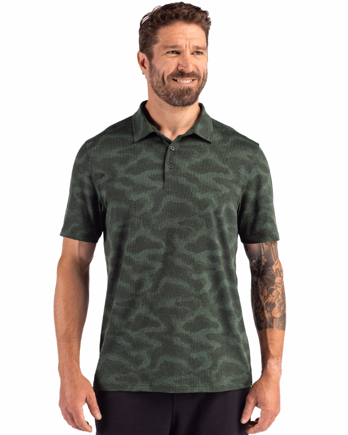 Custom Cutter & Buck Coastline Recycled Double Peached Camo Print Mens Polo — Hunter front