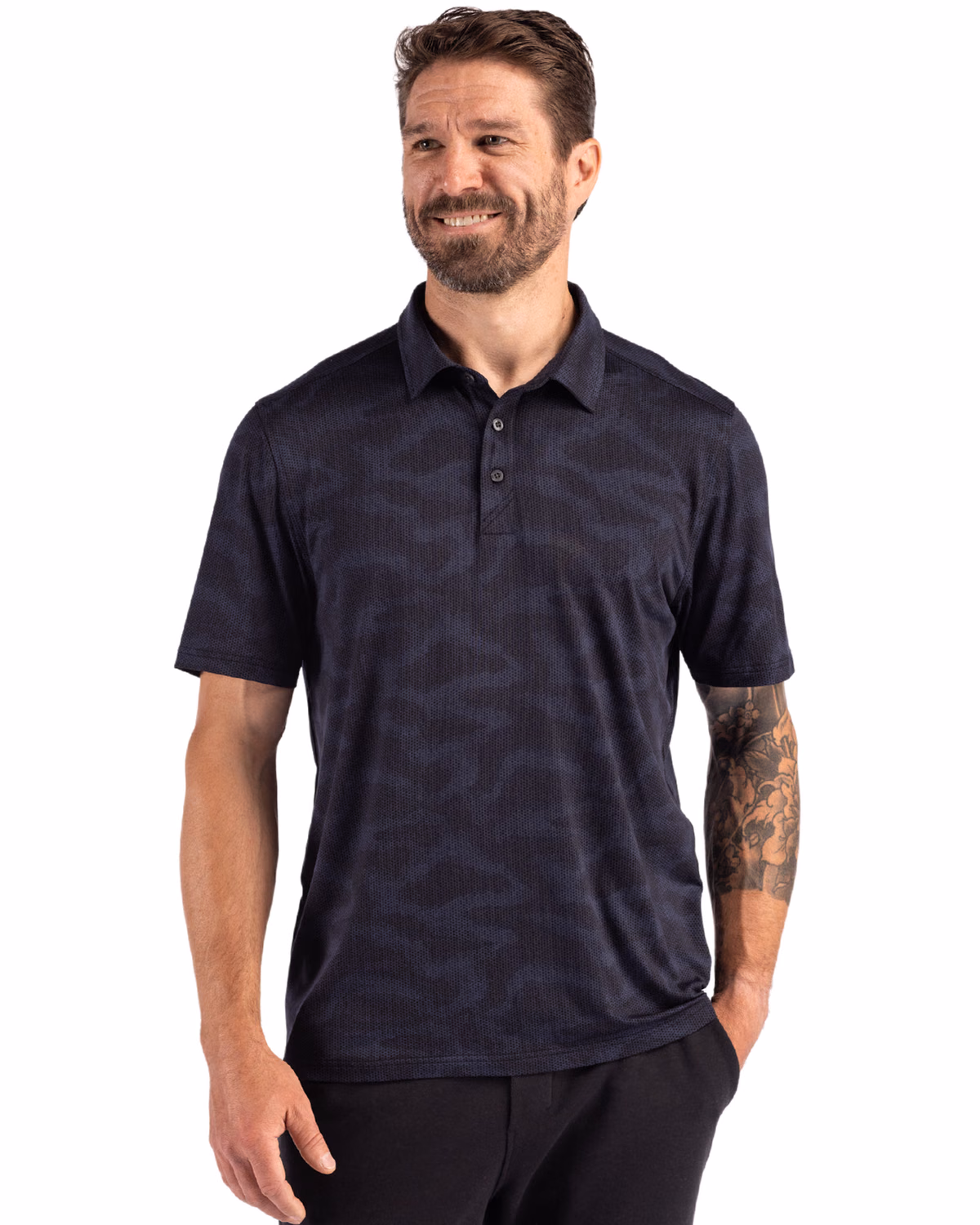 Custom Cutter & Buck Coastline Recycled Double Peached Camo Print Mens Polo — Navy Blue front