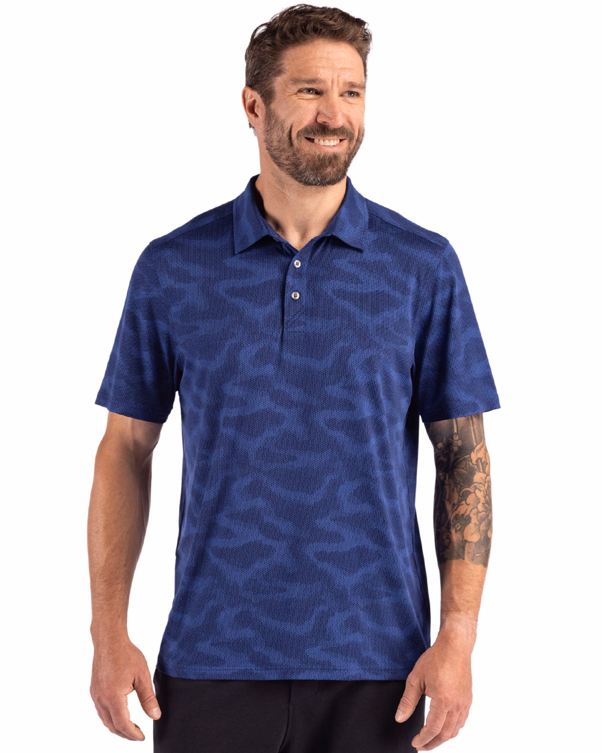 Custom Cutter & Buck Coastline Recycled Double Peached Camo Print Mens Polo — Tour Blue front