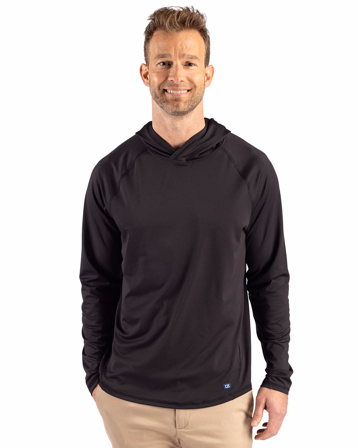 Custom Cutter & Buck Prospect Recycled Featherlight Stretch Mens Hooded Pullover — Black front