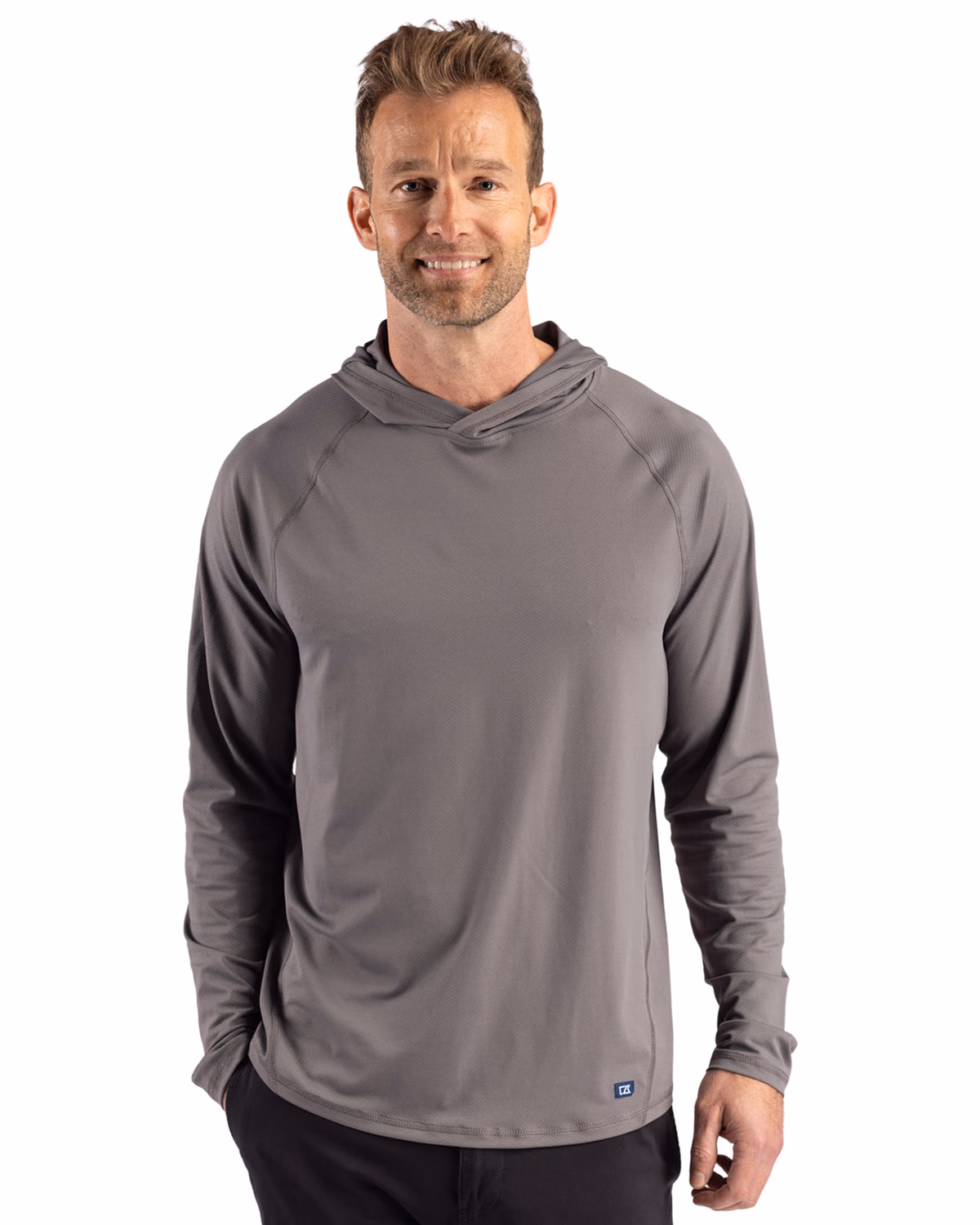 Custom Cutter & Buck Prospect Recycled Featherlight Stretch Mens Hooded Pullover — Elemental Grey front