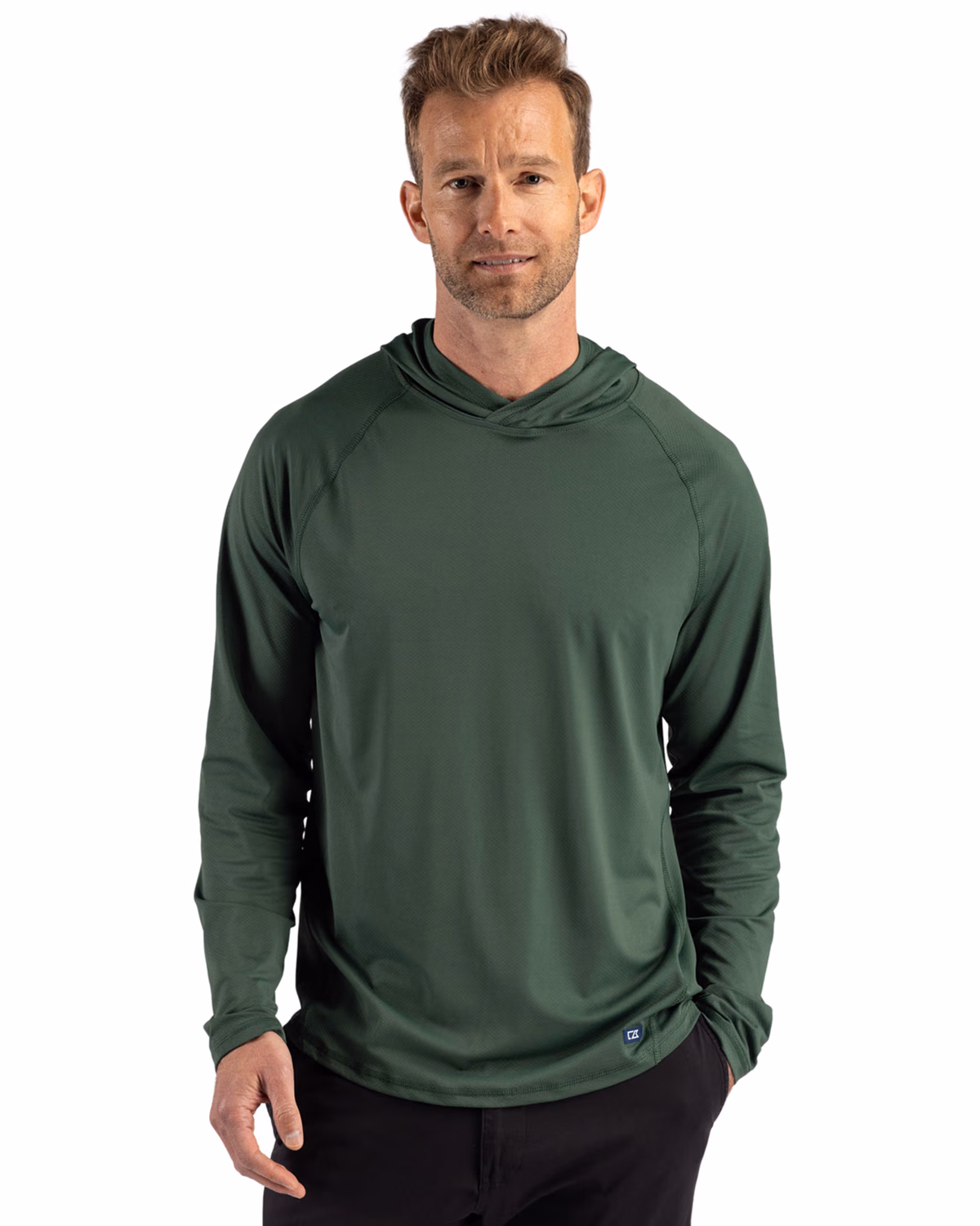 Custom Cutter & Buck Prospect Recycled Featherlight Stretch Mens Hooded Pullover — Hunter front