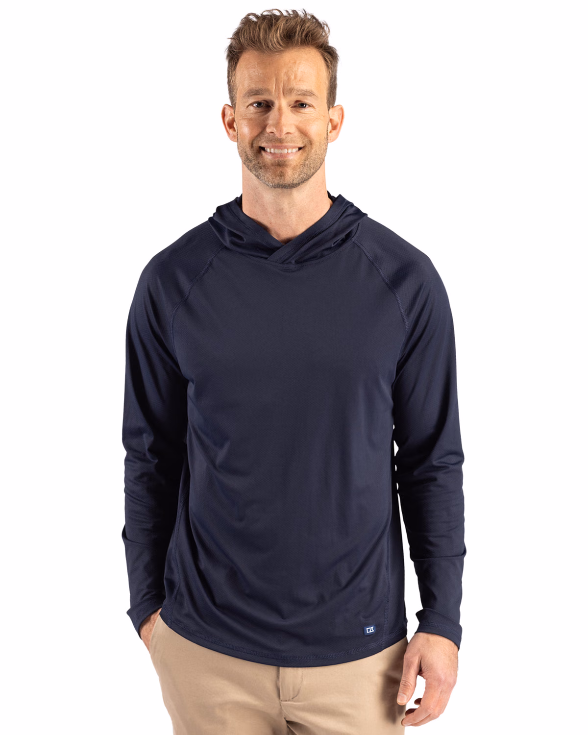 Custom Cutter & Buck Prospect Recycled Featherlight Stretch Mens Hooded Pullover — Navy Blue front