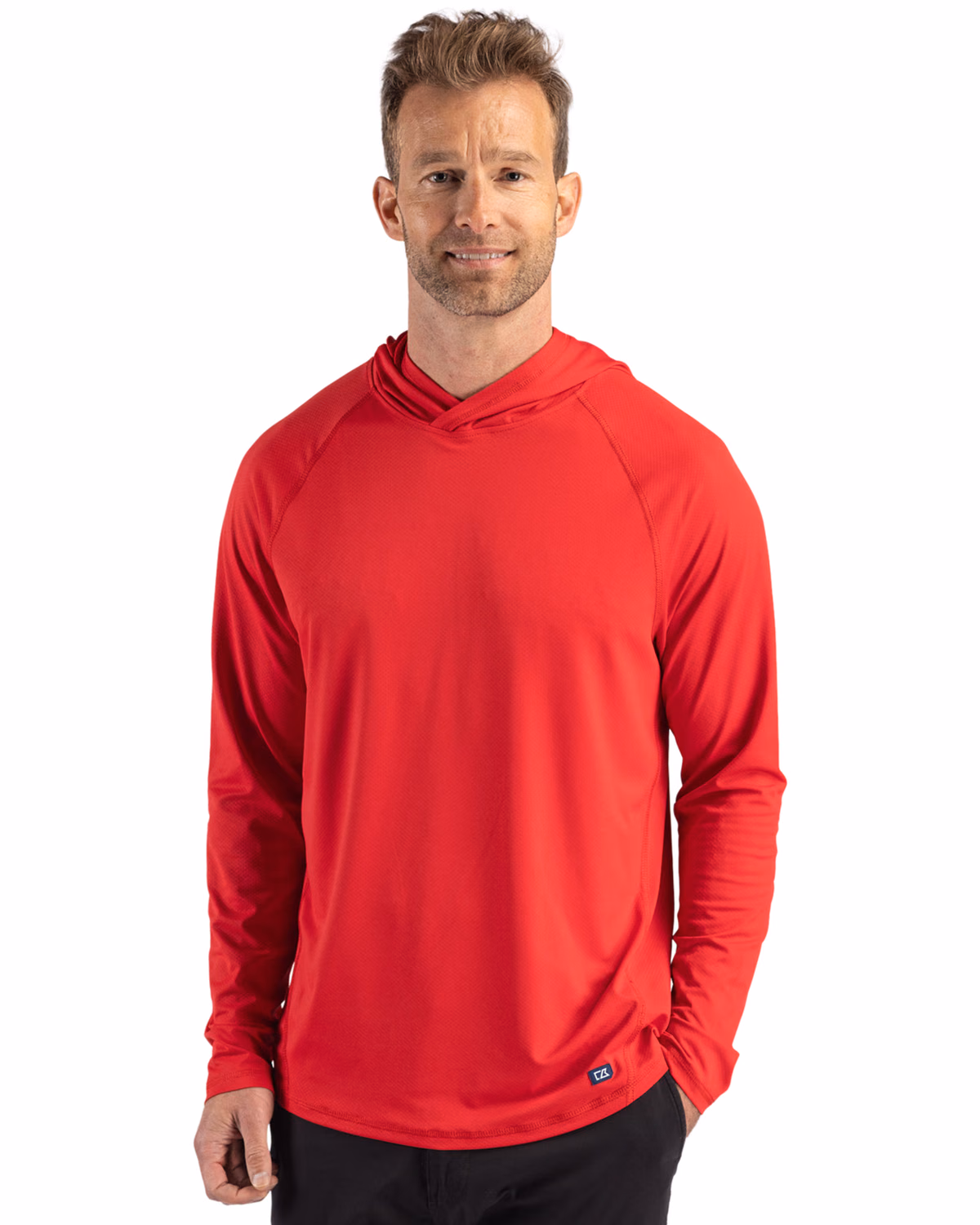 Custom Cutter & Buck Prospect Recycled Featherlight Stretch Mens Hooded Pullover — Red front