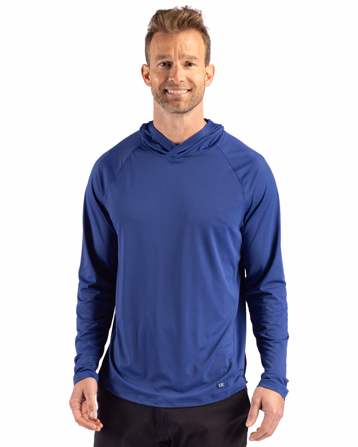 Custom Cutter & Buck Prospect Recycled Featherlight Stretch Mens Hooded Pullover — Tour Blue front