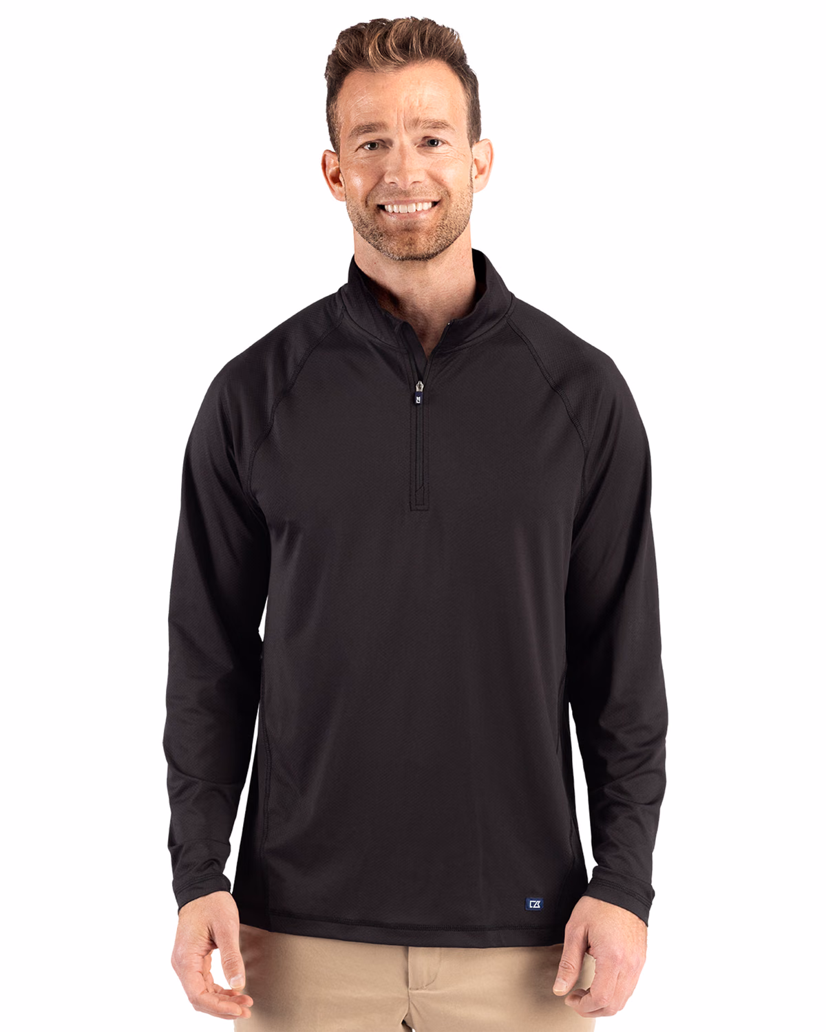Custom Cutter & Buck Prospect Recycled Featherlight Stretch Mens Quarter Zip — Black front
