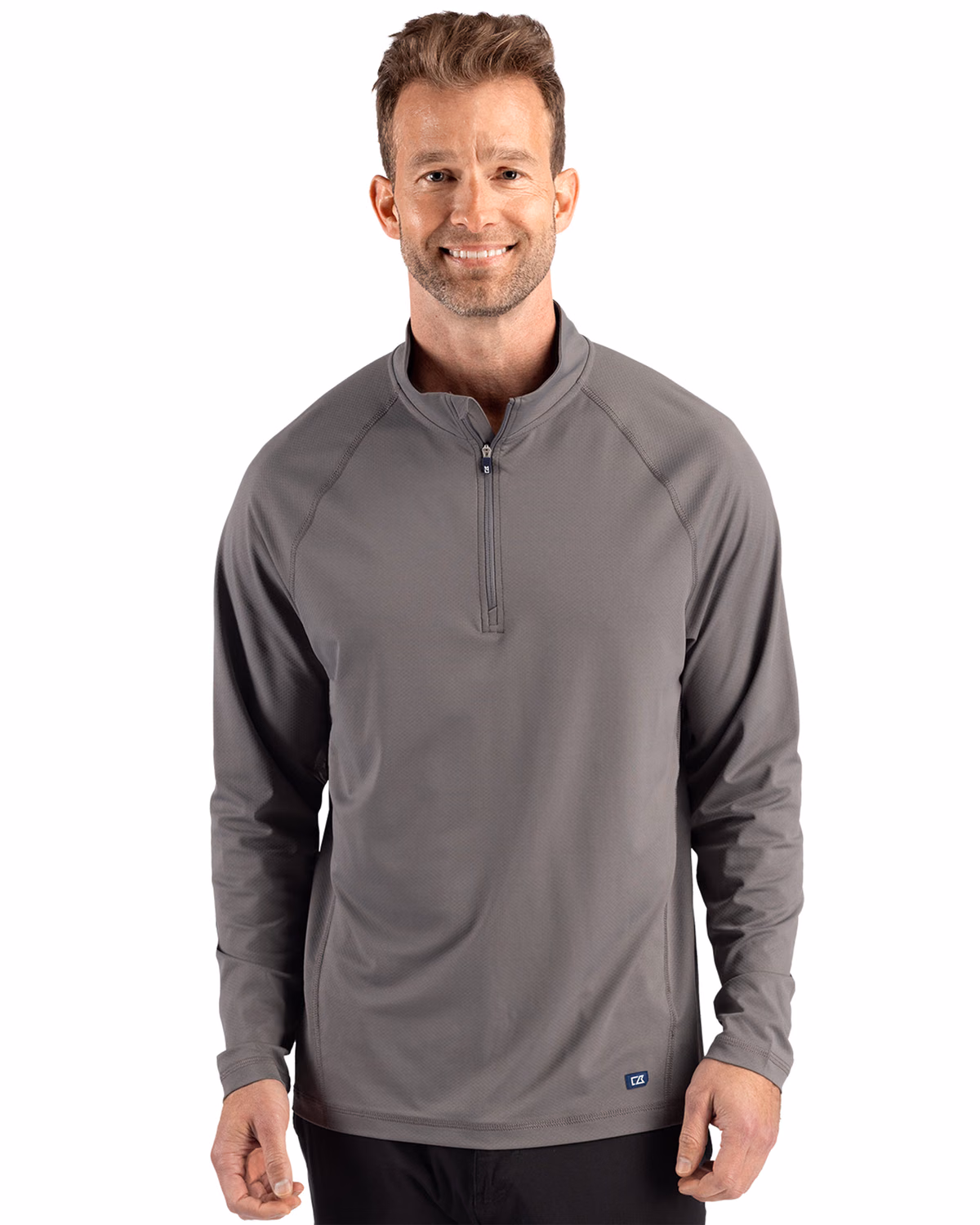 Custom Cutter & Buck Prospect Recycled Featherlight Stretch Mens Quarter Zip — Elemental Grey front