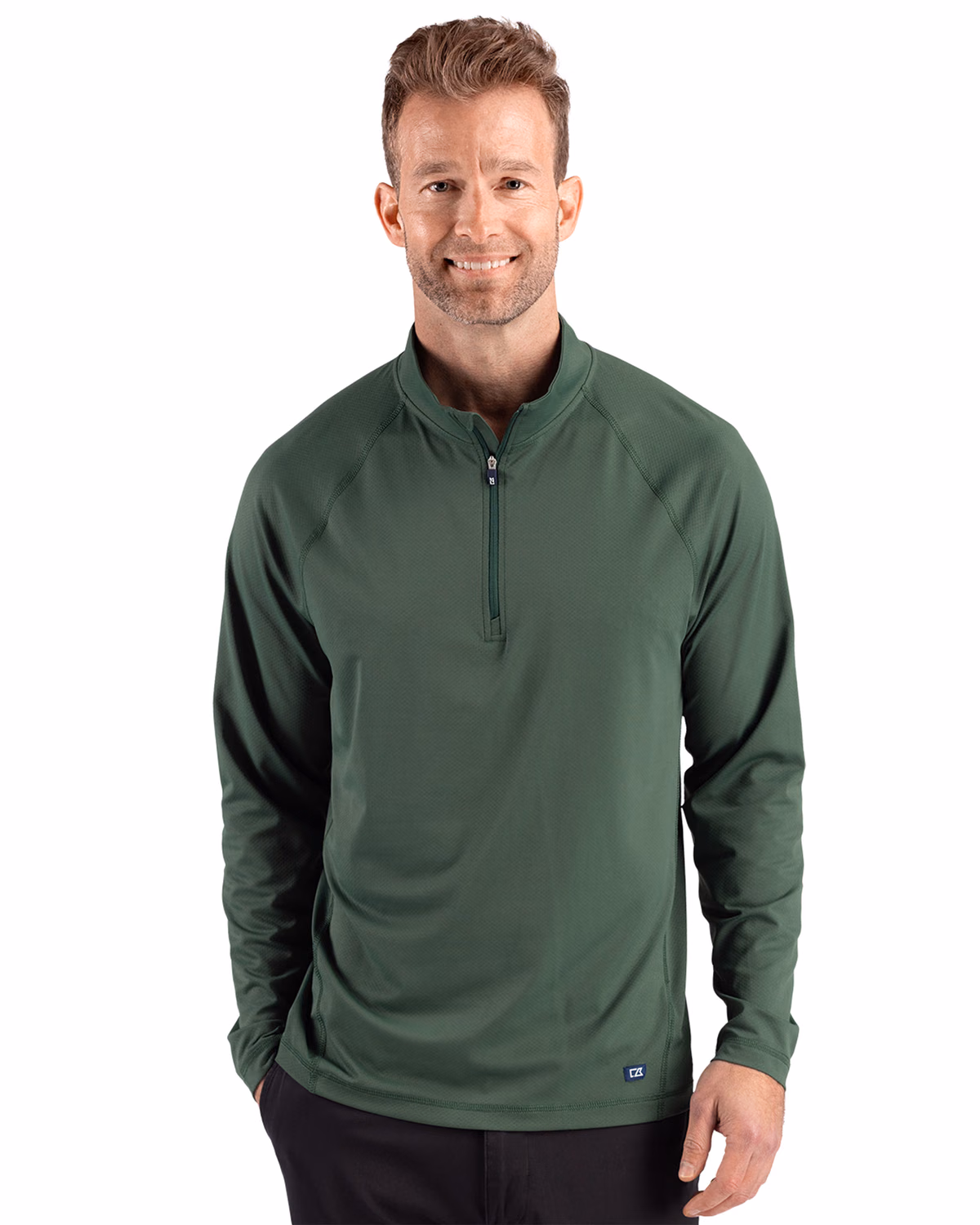 Custom Cutter & Buck Prospect Recycled Featherlight Stretch Mens Quarter Zip — Hunter front