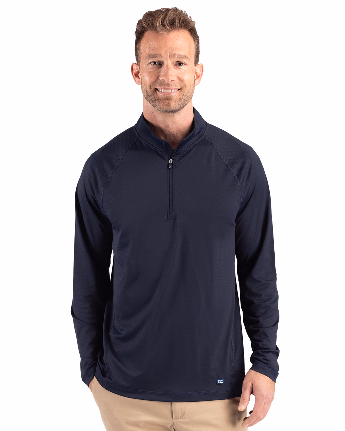 Custom Cutter & Buck Prospect Recycled Featherlight Stretch Mens Quarter Zip — Navy Blue front