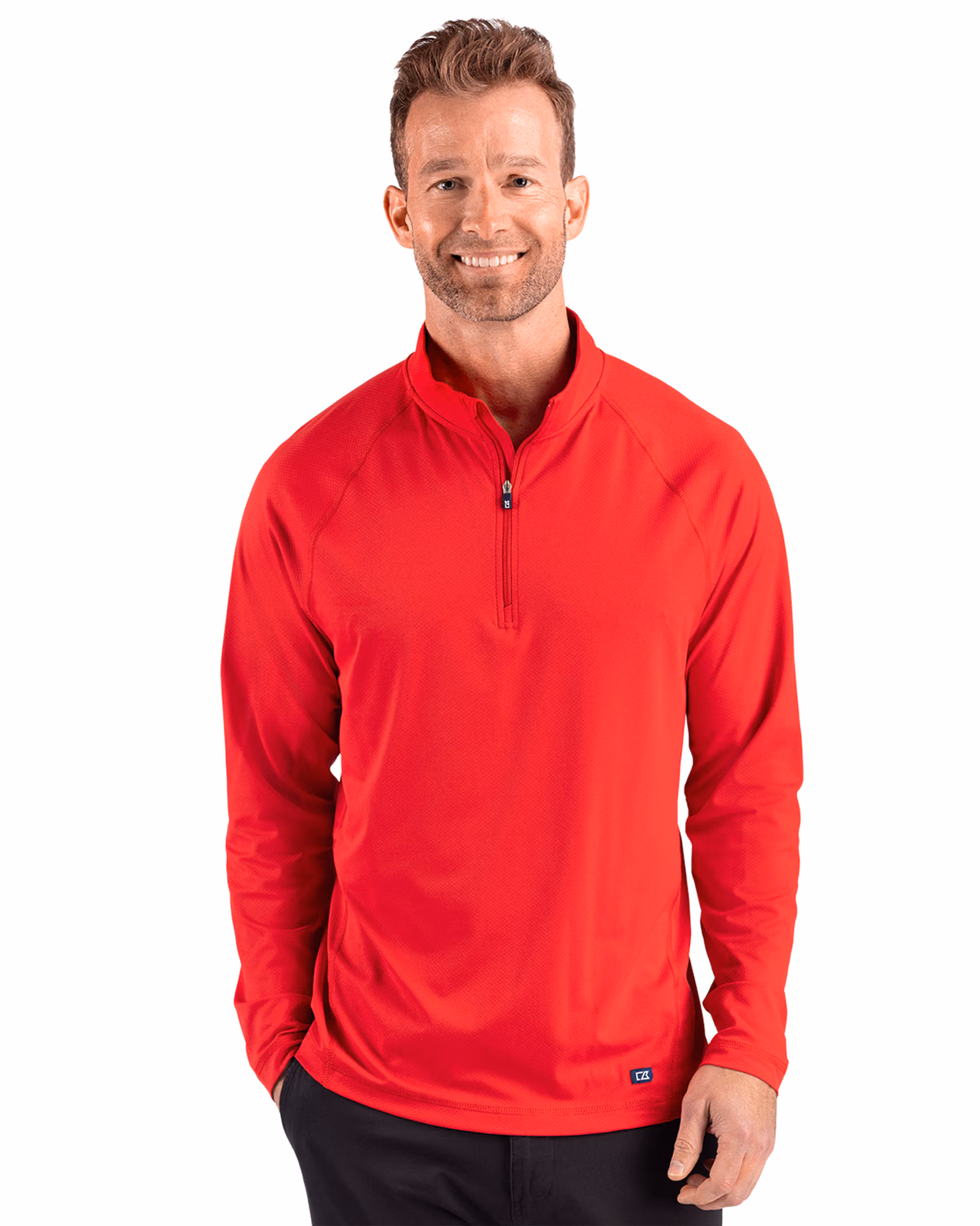 Custom Cutter & Buck Prospect Recycled Featherlight Stretch Mens Quarter Zip — Red front