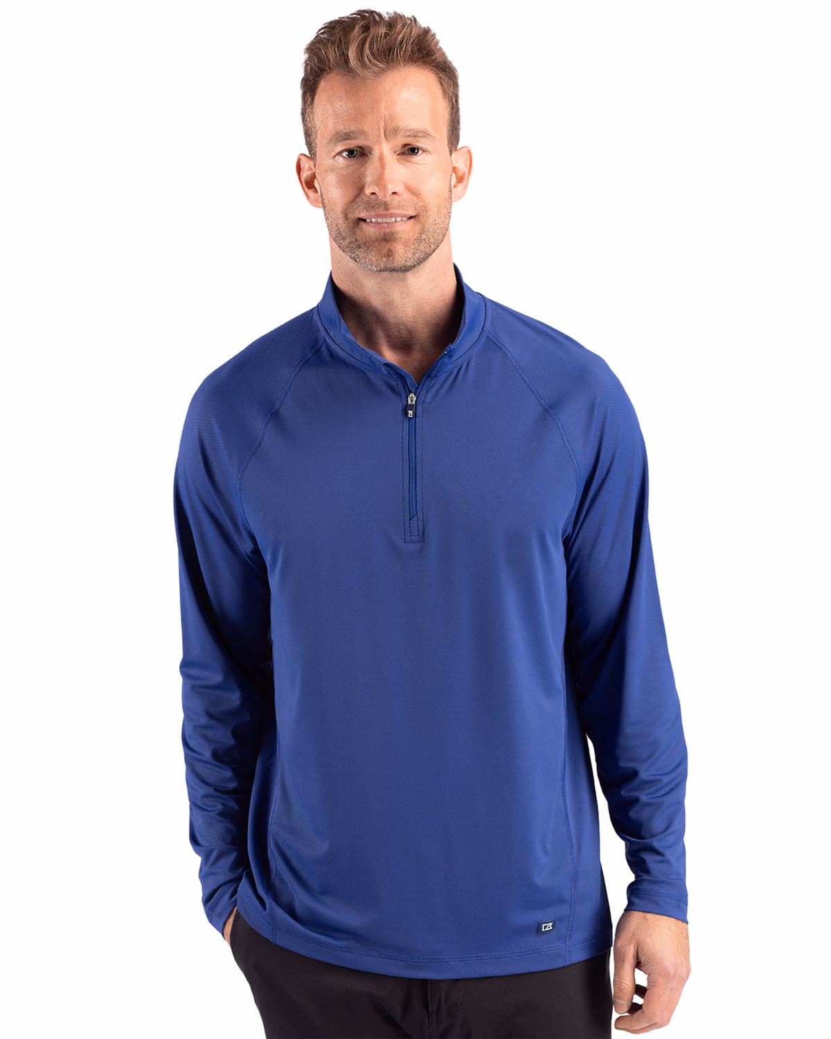 Custom Cutter & Buck Prospect Recycled Featherlight Stretch Mens Quarter Zip — Tour Blue front