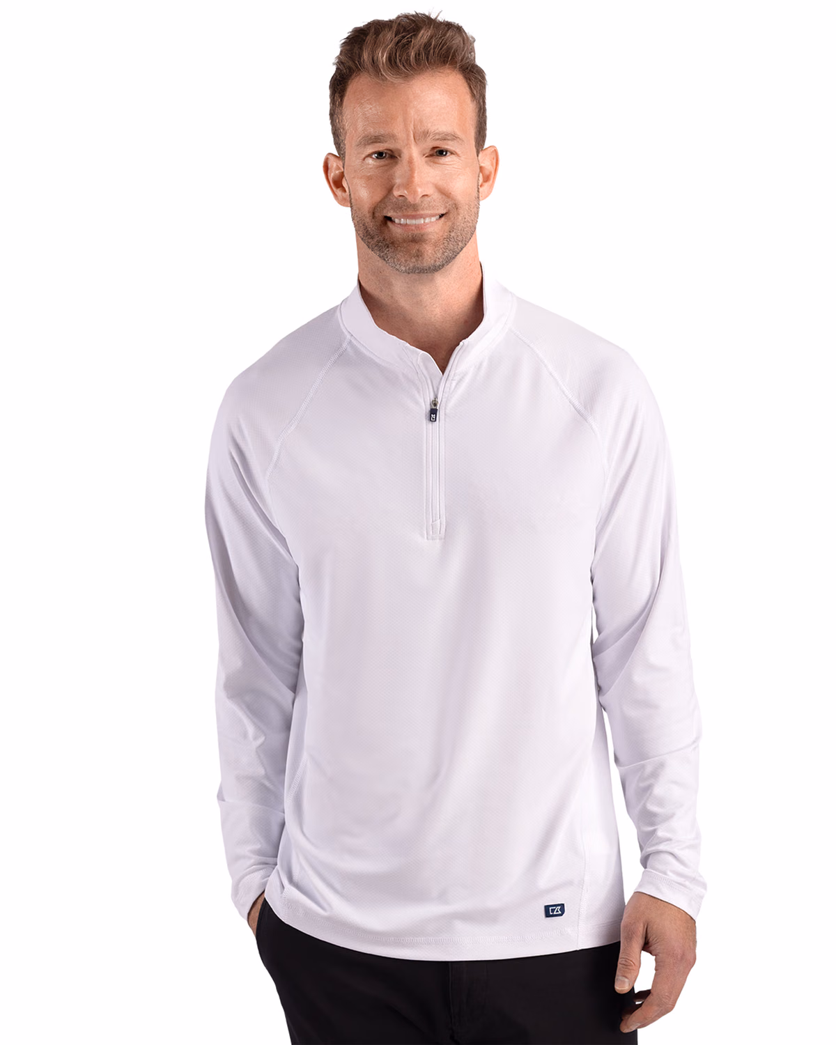 Custom Cutter & Buck Prospect Recycled Featherlight Stretch Mens Quarter Zip — White front