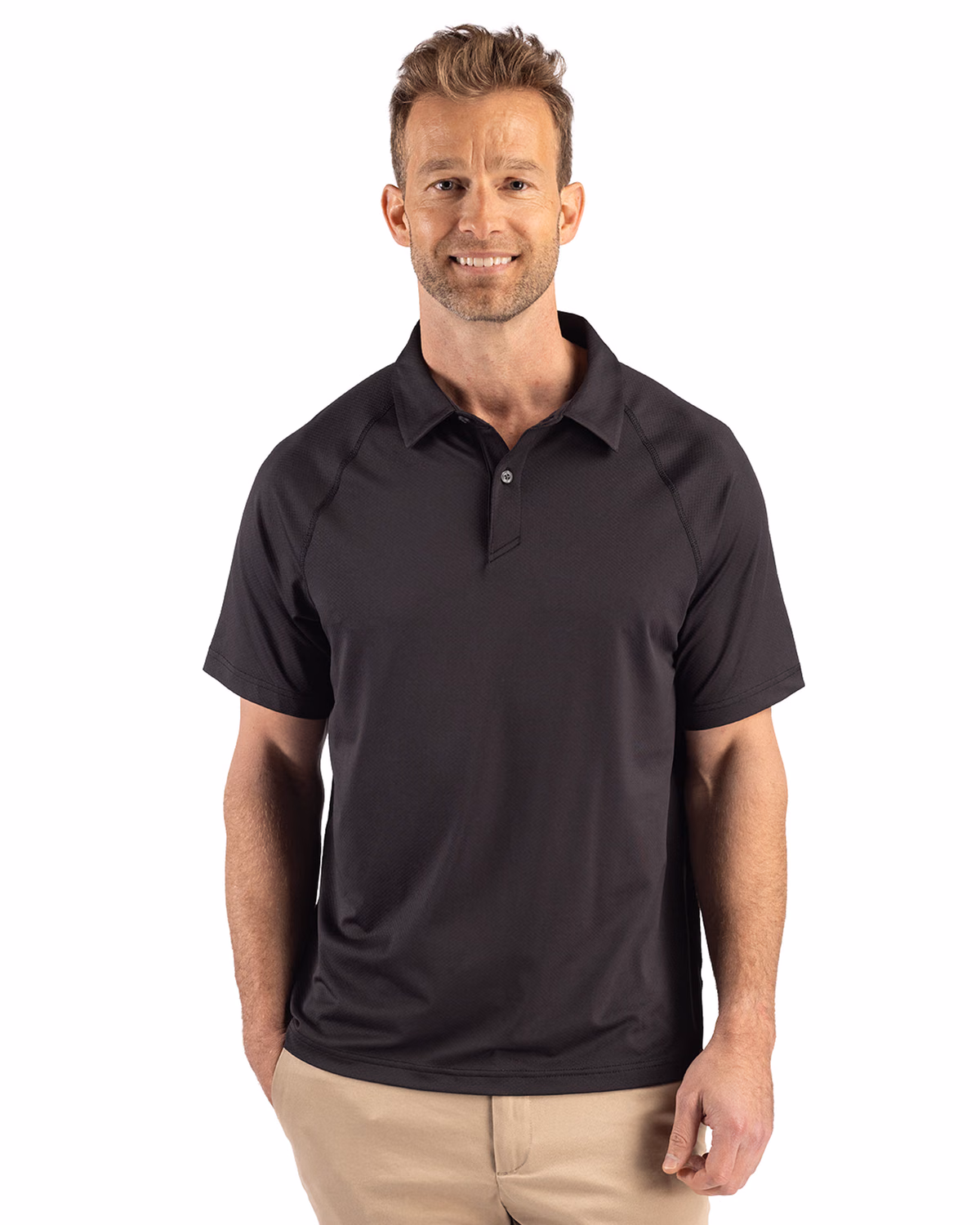Custom Cutter & Buck Prospect Recycled Featherlight Stretch Mens Sport Polo — Black front