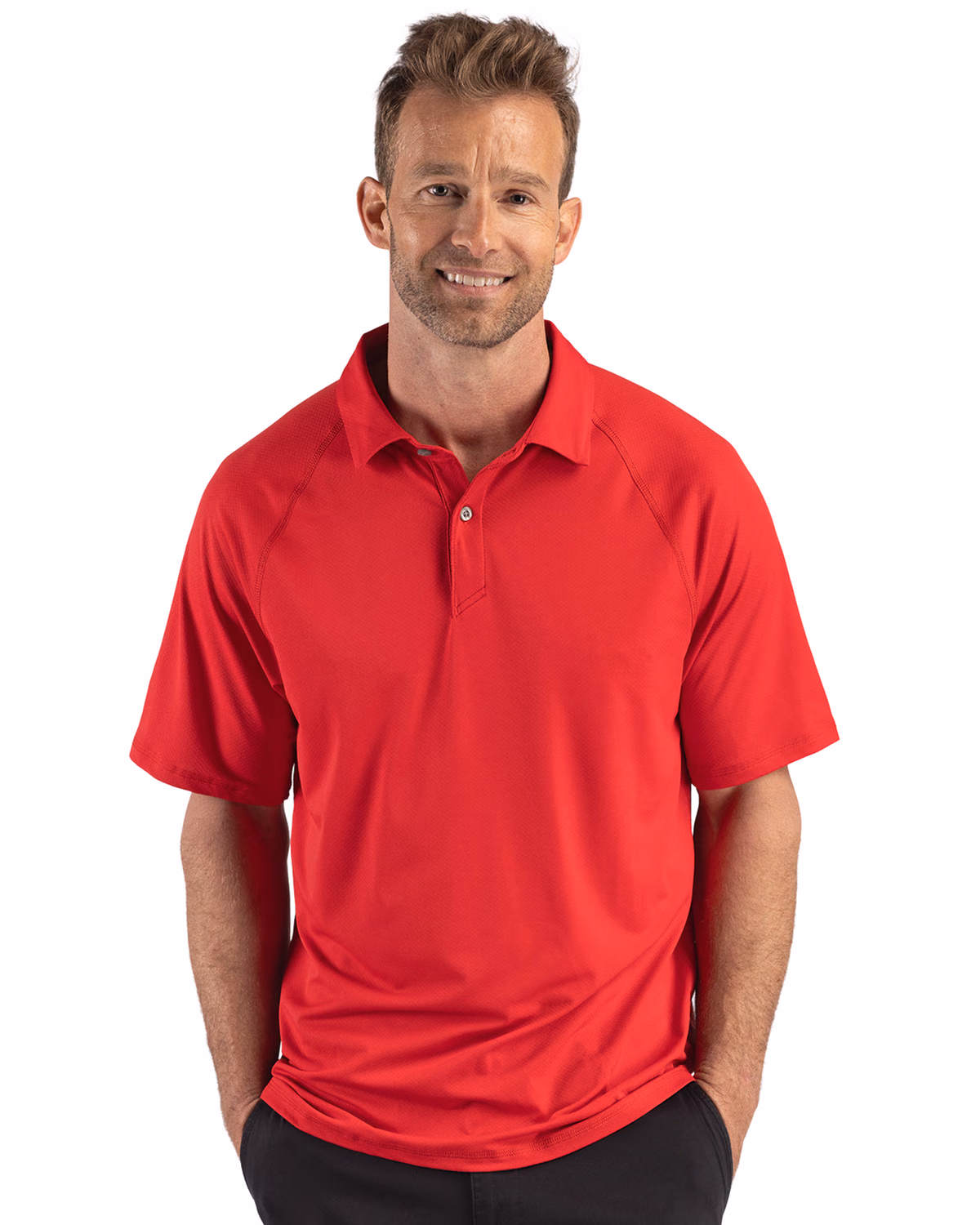 Custom Cutter & Buck Prospect Recycled Featherlight Stretch Mens Sport Polo — Red front
