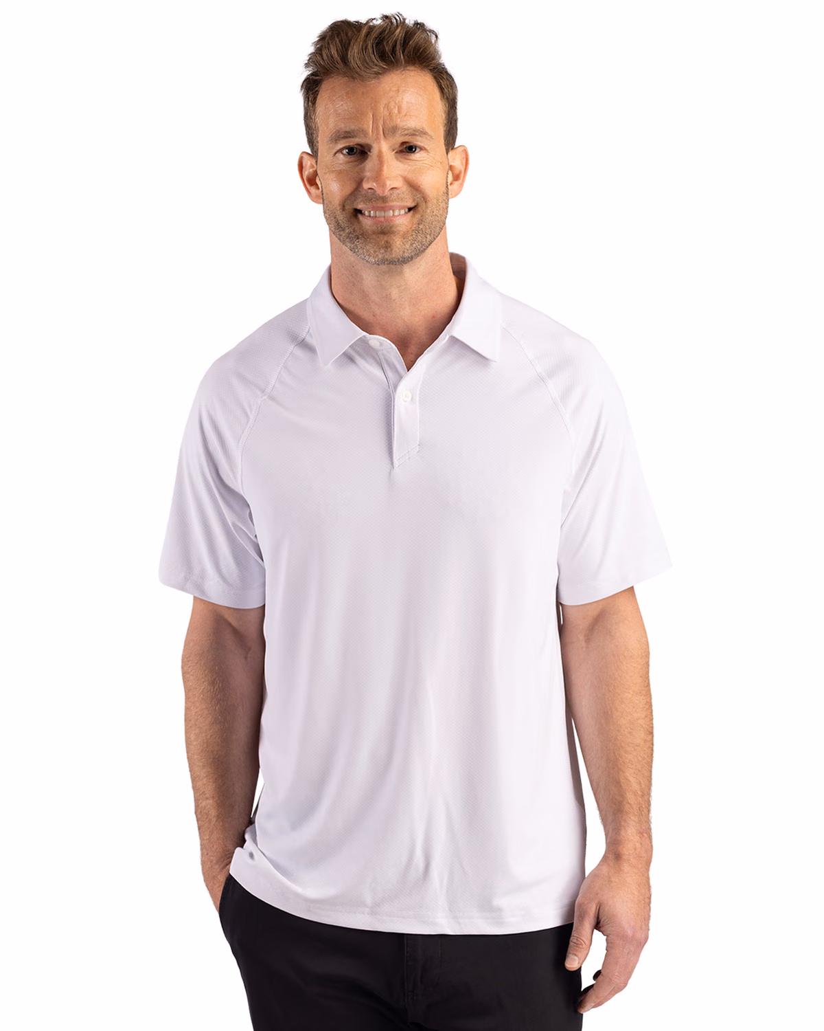 Custom Cutter & Buck Prospect Recycled Featherlight Stretch Mens Sport Polo — White front