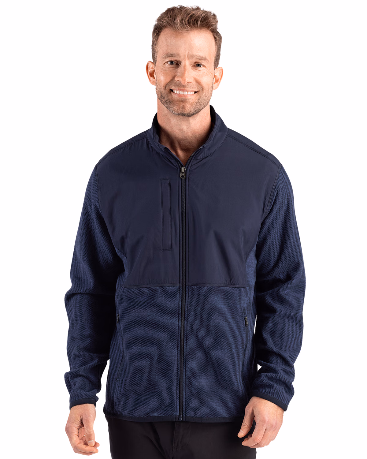 Custom Cutter & Buck Hunts Point Recycled Fleece Mens Hybrid Full Zip Jacket — Navy Blue front