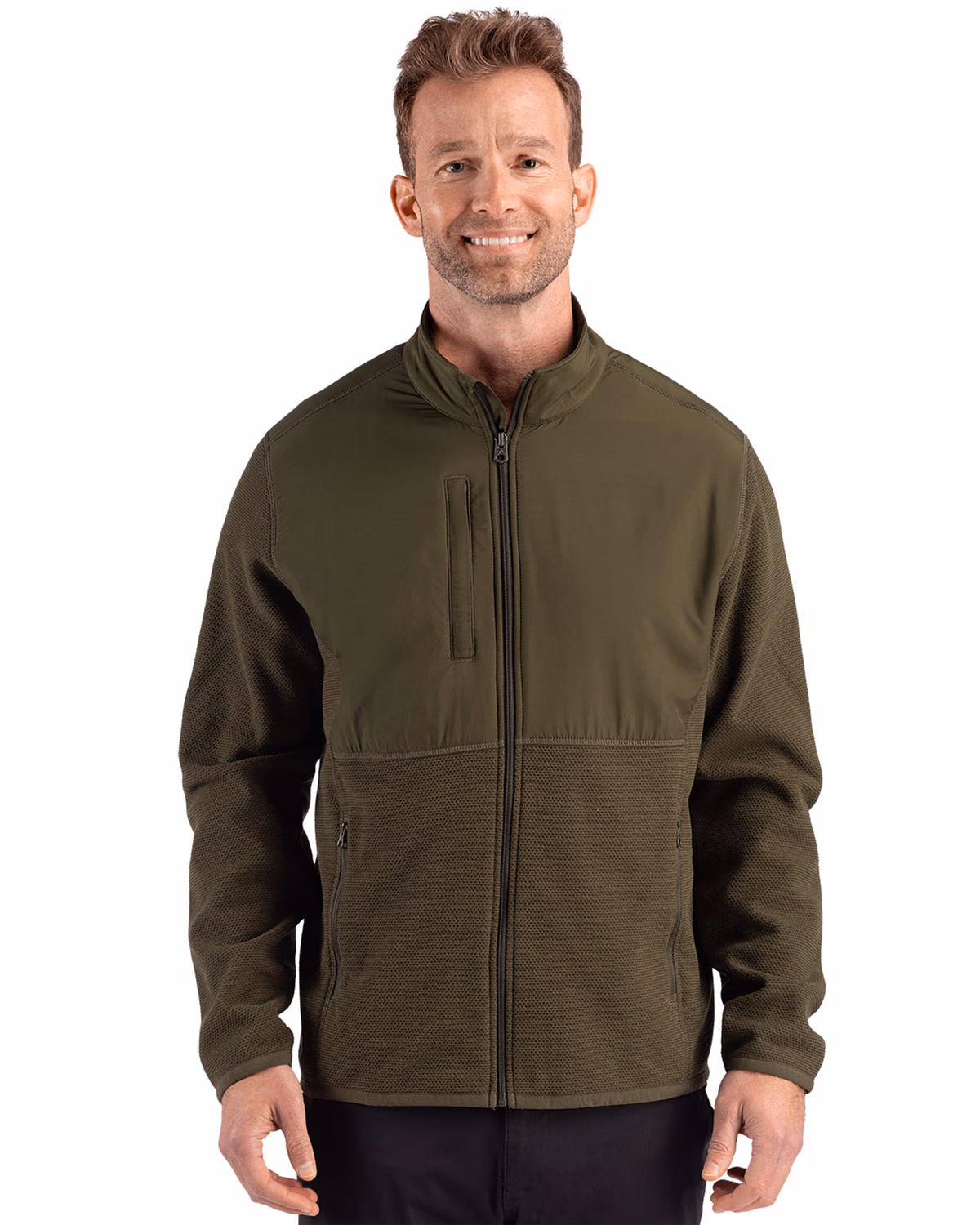 Custom Cutter & Buck Hunts Point Recycled Fleece Mens Hybrid Full Zip Jacket — Poplar front